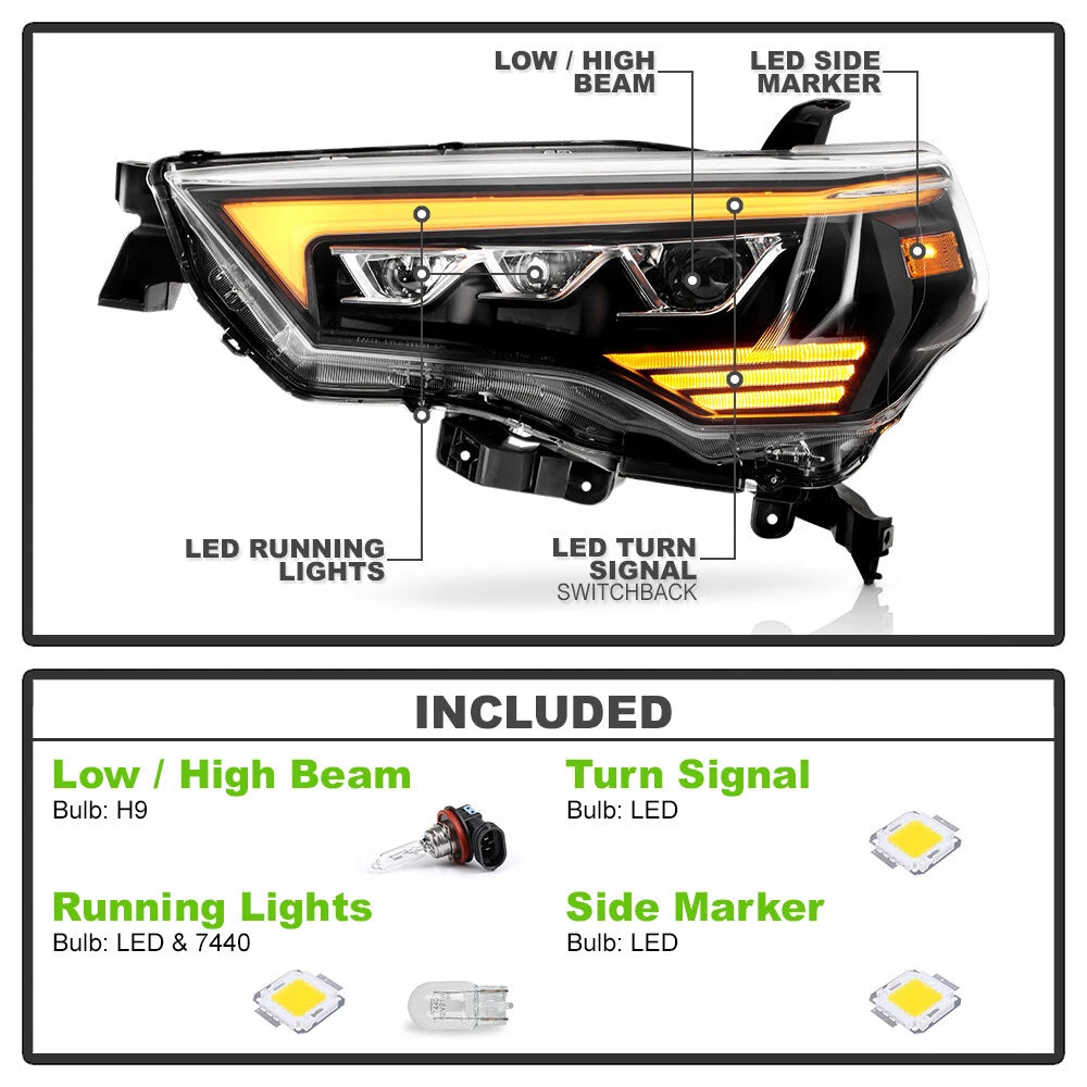 For 2014-2020 Toyota 4Runner Black LED Switchback Projector Headlights Headlamps - OMOTOR