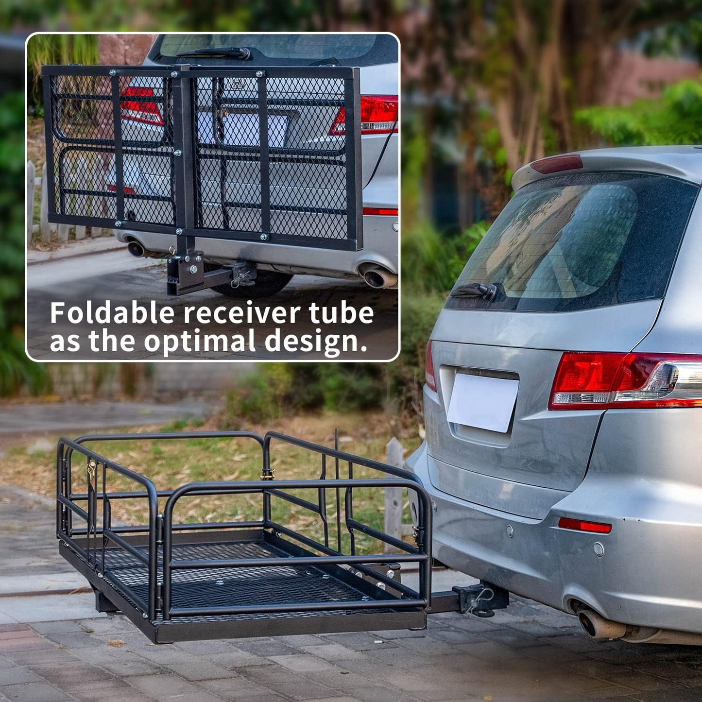 Hitch Mount Cargo Carrier Rack High Side 59" x 24" x 14" Folding Rear Luggage Basket Fits 2" Receiver for Car SUV Camping Traveling - OMOTOR