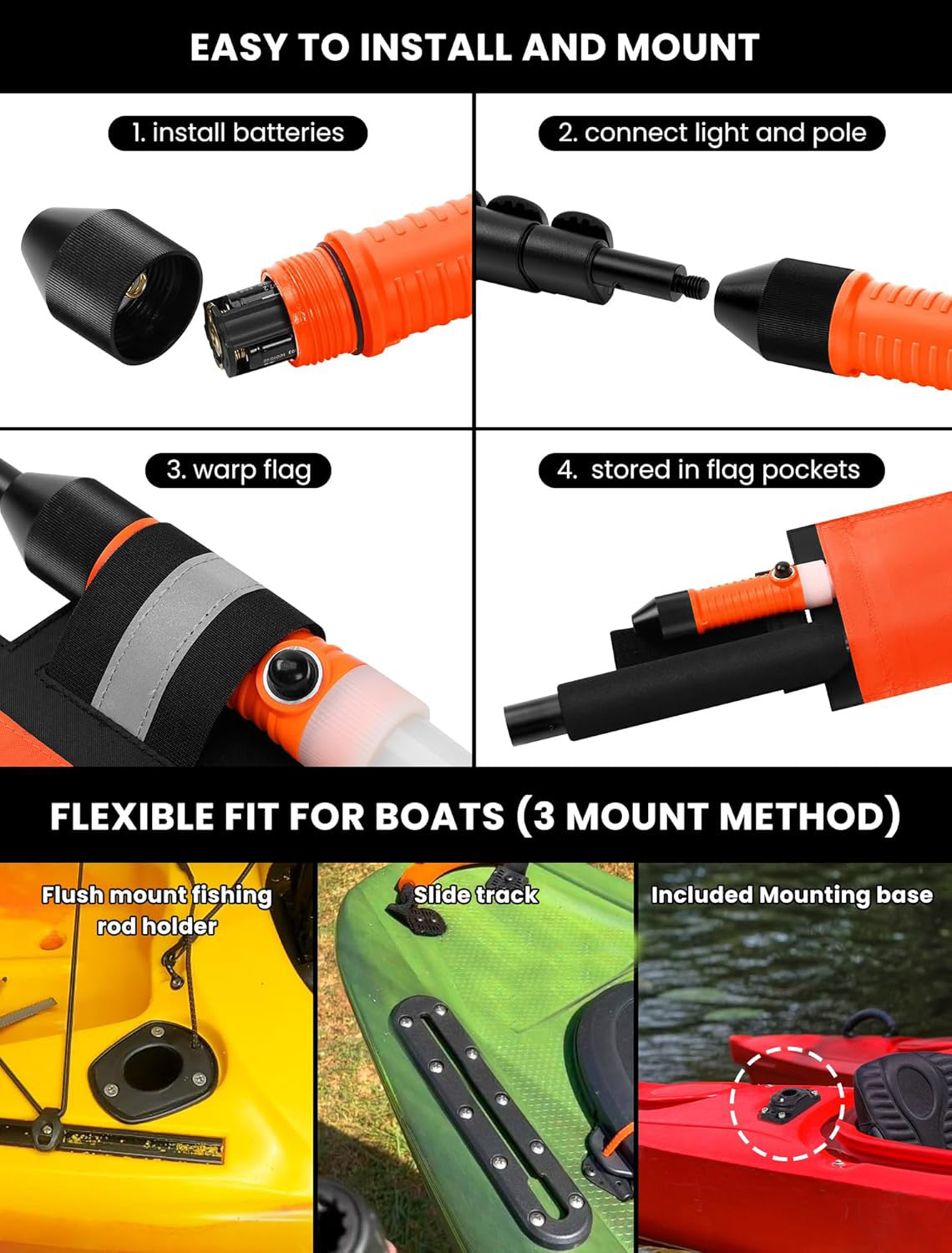 360 Degree LED MightyMount and Hardware Kayak Fishing Visibility Flag - OMOTOR