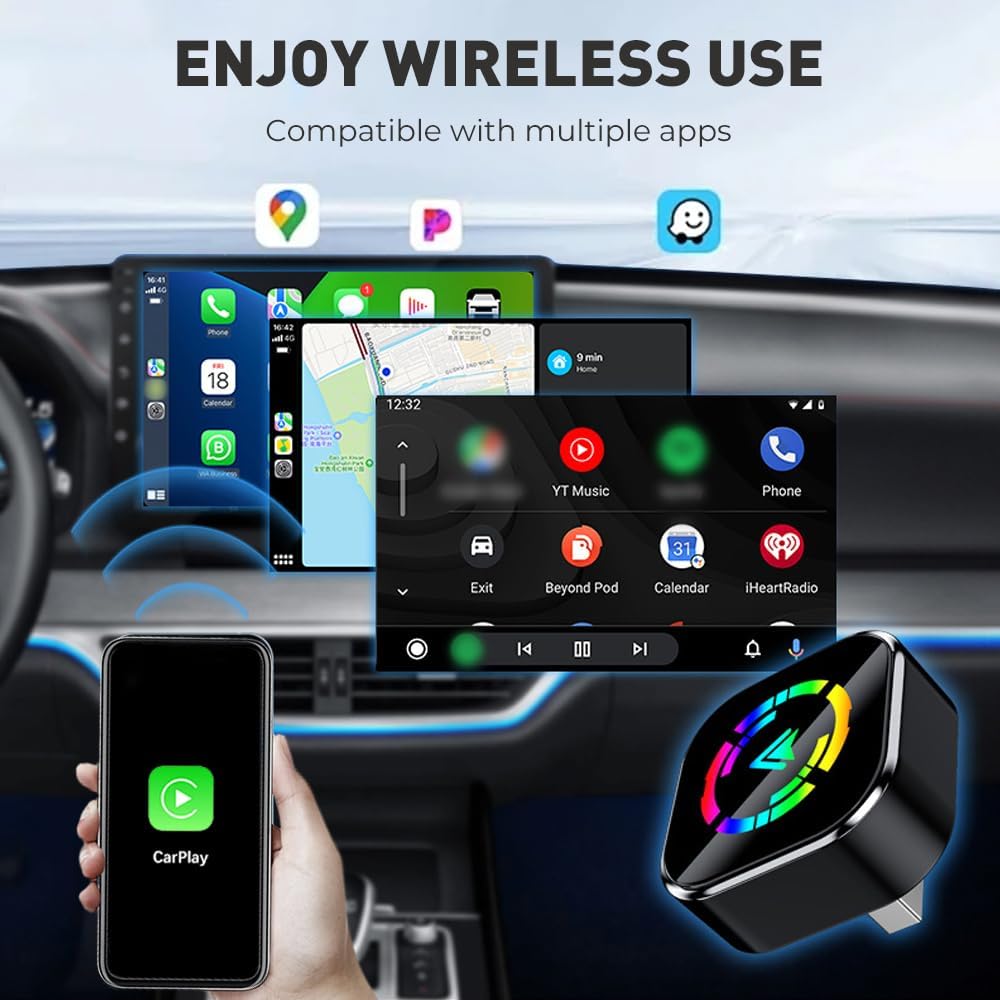 Wireless CarPlay Adapter for iPhone Android, 2025 Upgraded Mini USB Wireless Apple Car Play Adapter, 2 in 1 Bluetooth Carplay Converts Wired to Wireless (Black-A)