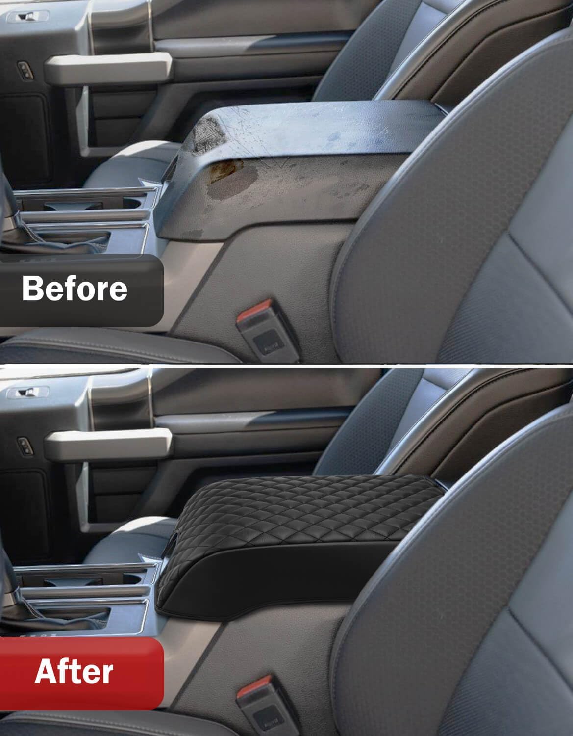 KBH Center Console Armrest Cover for 2015-2020 Ford F150, 2017-2022 F250 F350 F450 F550, 2018-2024 Expedition, Bucket Seat, PU Leather Cushion Thick Pad, Anti-Scratch, Black (Not for Other Years)