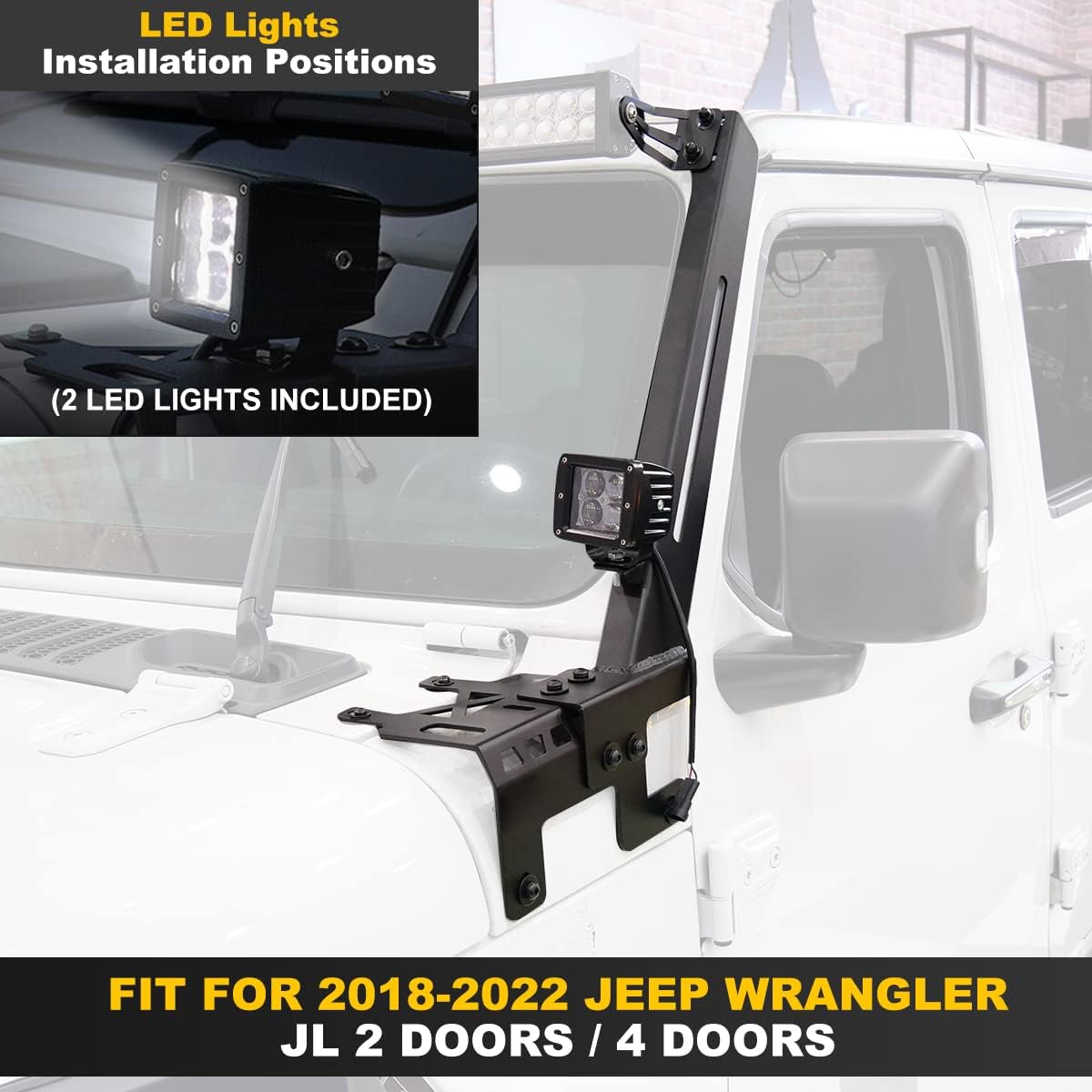 50 - 52 inch A-Pillar LED Light Bar Windshield Mount Brackets for Jeep 2018-2025 Wrangler JL JLU Umlimited, 2019-2025 Gladiator JT, Hawkley Light Bar Mounting Bracket with 2X 4 inch LED Spot Light