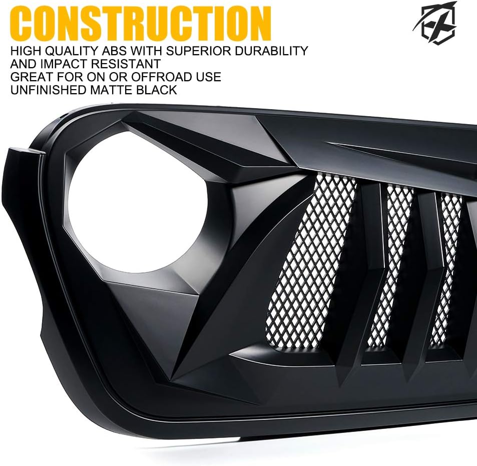 Xprite Matte Black Front Grille Grid Grill w/Mesh Compatible with 2018-2024 Jeep Wrangler JL&2020+ Gladiator JT - Black Widow Series
