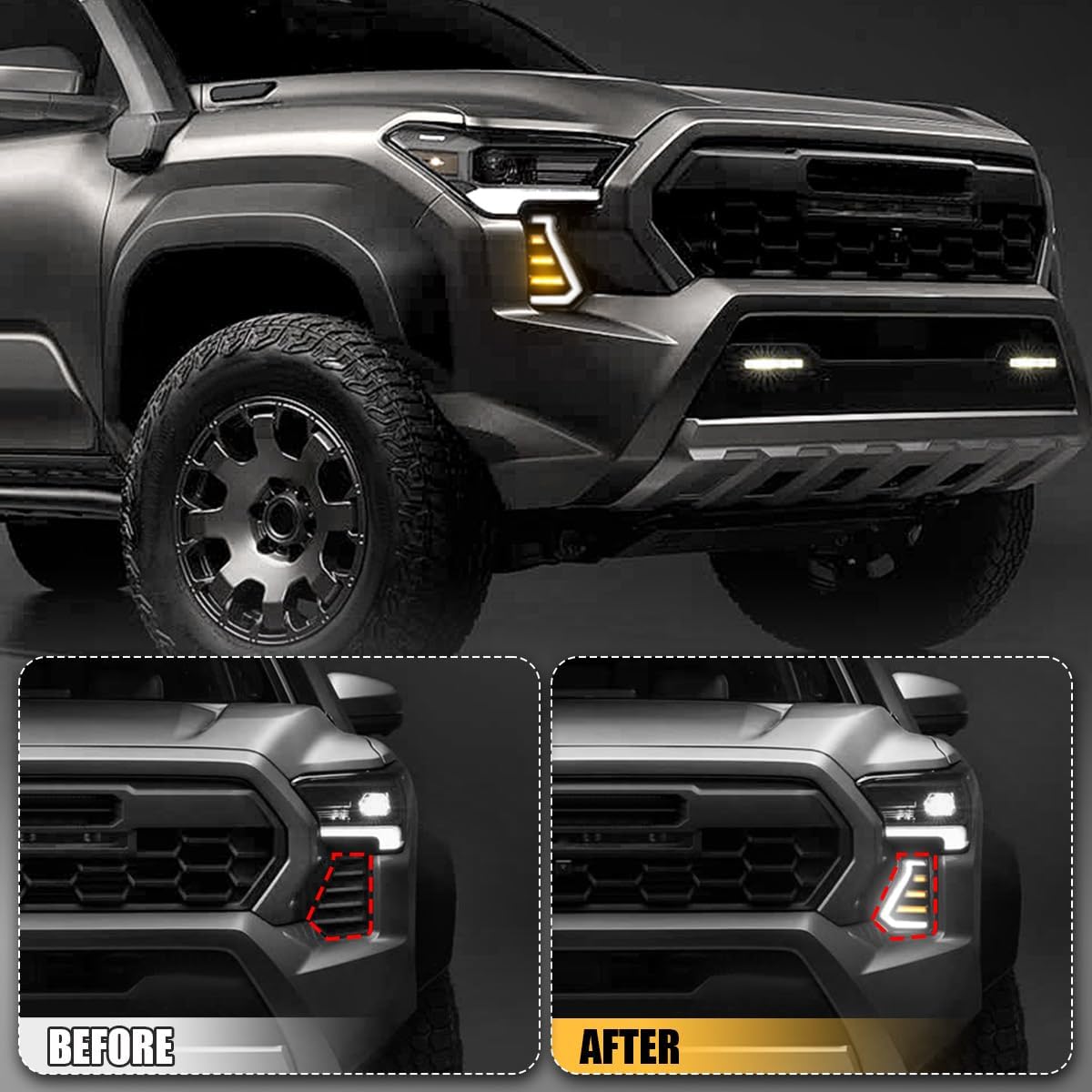 LED Daytime Running Lights White DRL Compatible with Tacoma 2024 2025, With Amber Sequential Turn Signal Lights Front Bumper Fog Lights Kit Tacoma Accessories