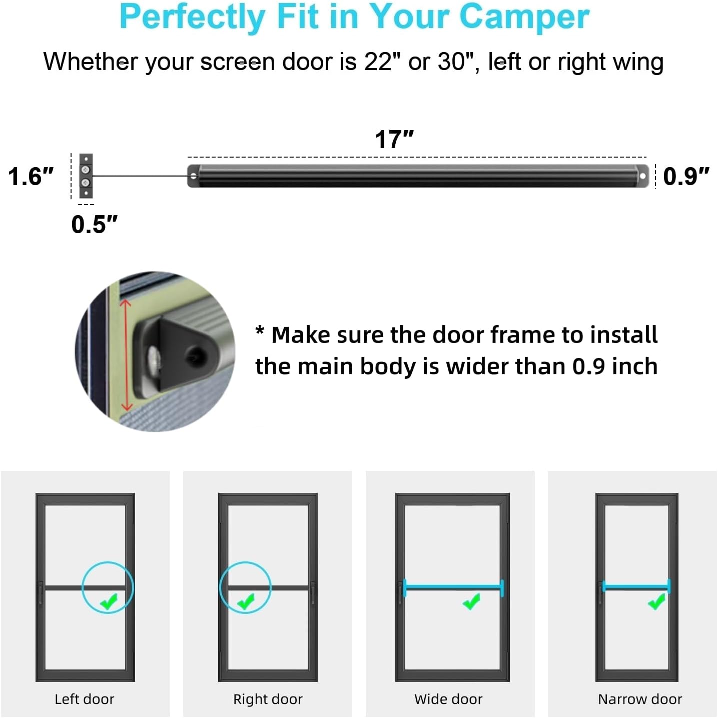 Automatic RV Screen Door Closer Kit Built in Spring for Adjustable Tension - Aluminum Universal Camper Entry Auto Closure Kit - Trailer Must Haves Self-Closing Accessory 17"x0.9"