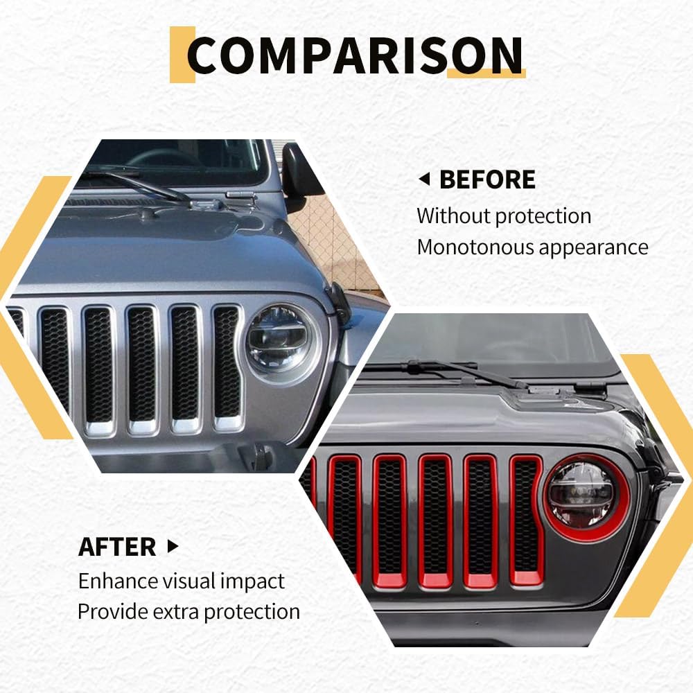 MAXDOM Grille Inserts Headlight Covers Set Fits for Jeep (2018-2023) Wrangler JL JLU (Red, Sport/Sport S)