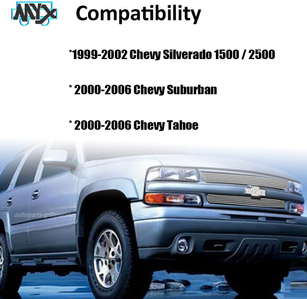 Billet Grille Grill for 1999-2002 Chevy Silverado 1500/2006 Tahoe Front Grille Insert Mirror Polished Main Upper Grill