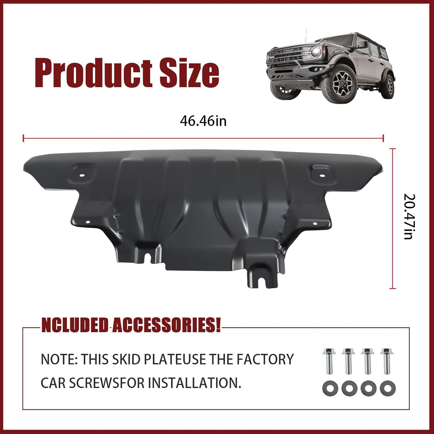 Front Bumper Skid Plate Compatible with 2021 2022 2023 2024 2025 Ford Bronco 2/4 Door Lower Guard Engine Protection Protector Replacement for MB3C-6B629-CB