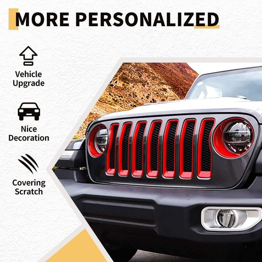 MAXDOM Grille Inserts Headlight Covers Set Fits for Jeep (2018-2023) Wrangler JL JLU (Red, Sport/Sport S)