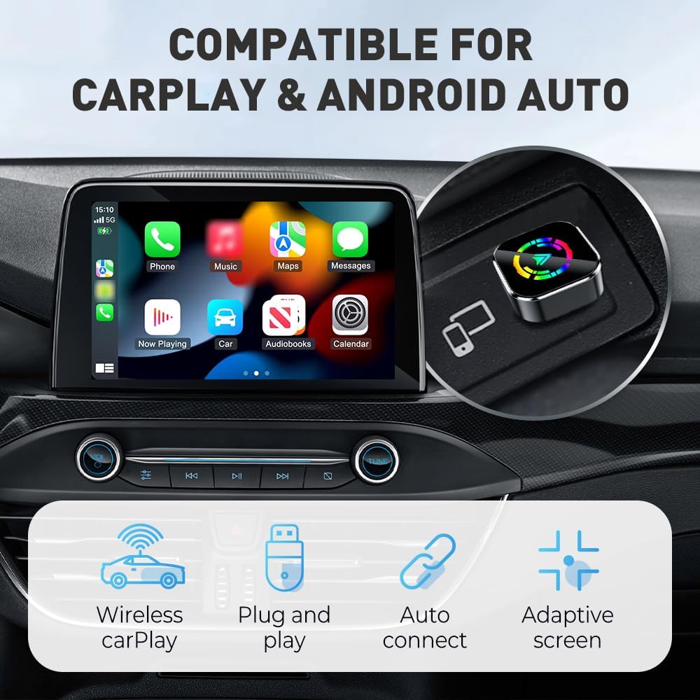 Wireless CarPlay Adapter for iPhone Android, 2025 Upgraded Mini USB Wireless Apple Car Play Adapter, 2 in 1 Bluetooth Carplay Converts Wired to Wireless (Black-A)