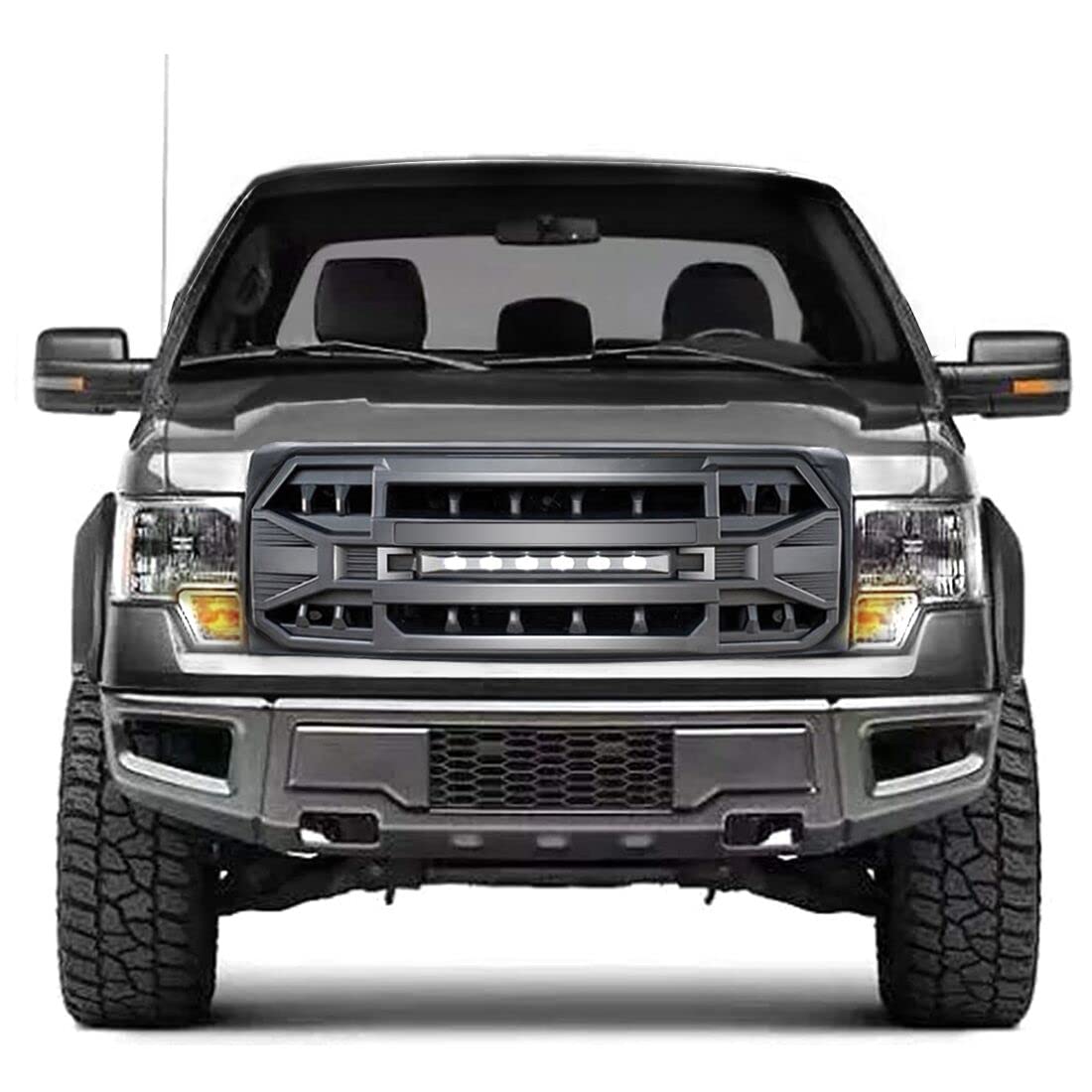 Front Grill Replacement for F150 2009-2014, Matte Black Front Bumper Grille w/Off-Road Lights - OMOTOR