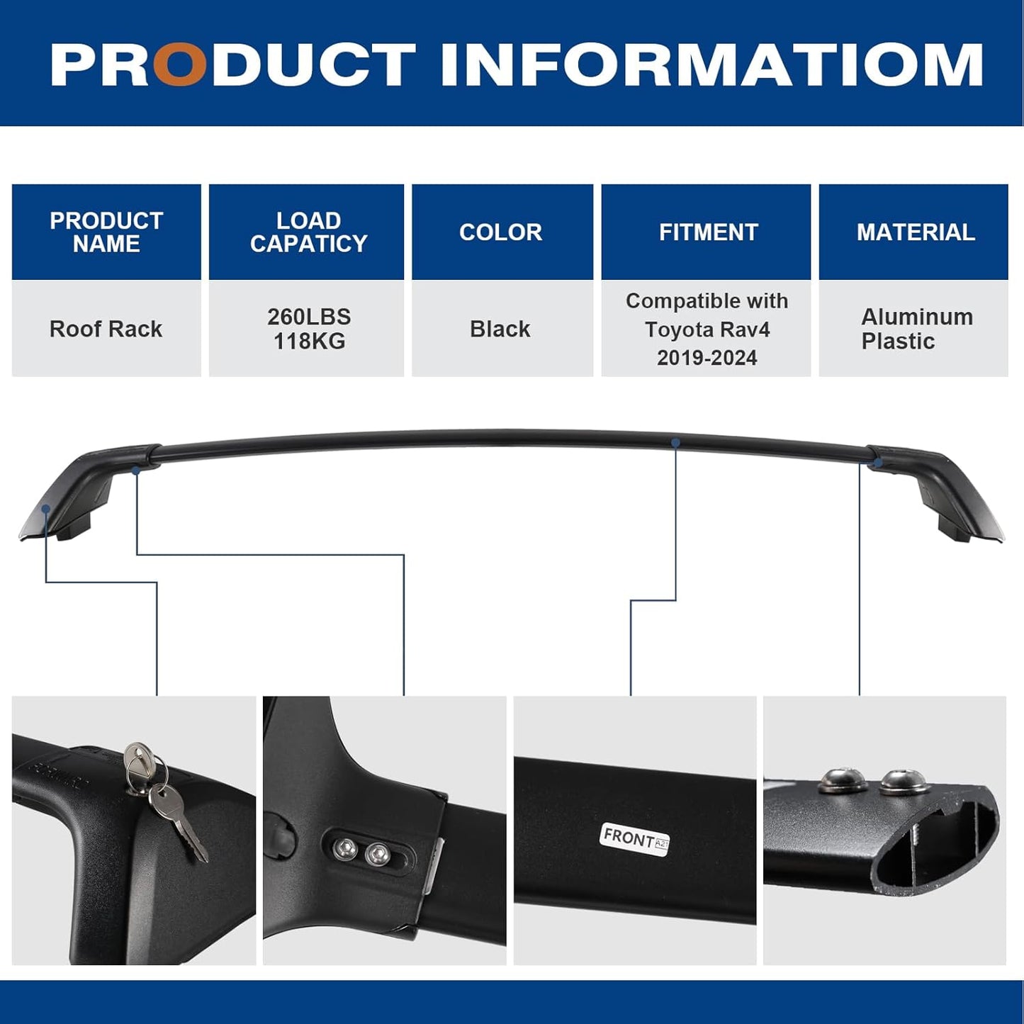Roof Rack Cross Bars 260lbs Compatible with Toyota RAV4 2019 2020 2021 2022 2023 2024 2025 LE XLE XSE Limited Hybrid Aluminum Lockable Accessories Crossbars (with Flush Fide Rails)