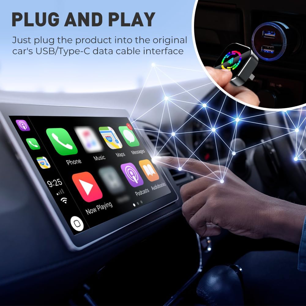 Wireless CarPlay Adapter for iPhone Android, 2025 Upgraded Mini USB Wireless Apple Car Play Adapter, 2 in 1 Bluetooth Carplay Converts Wired to Wireless (Black-A)