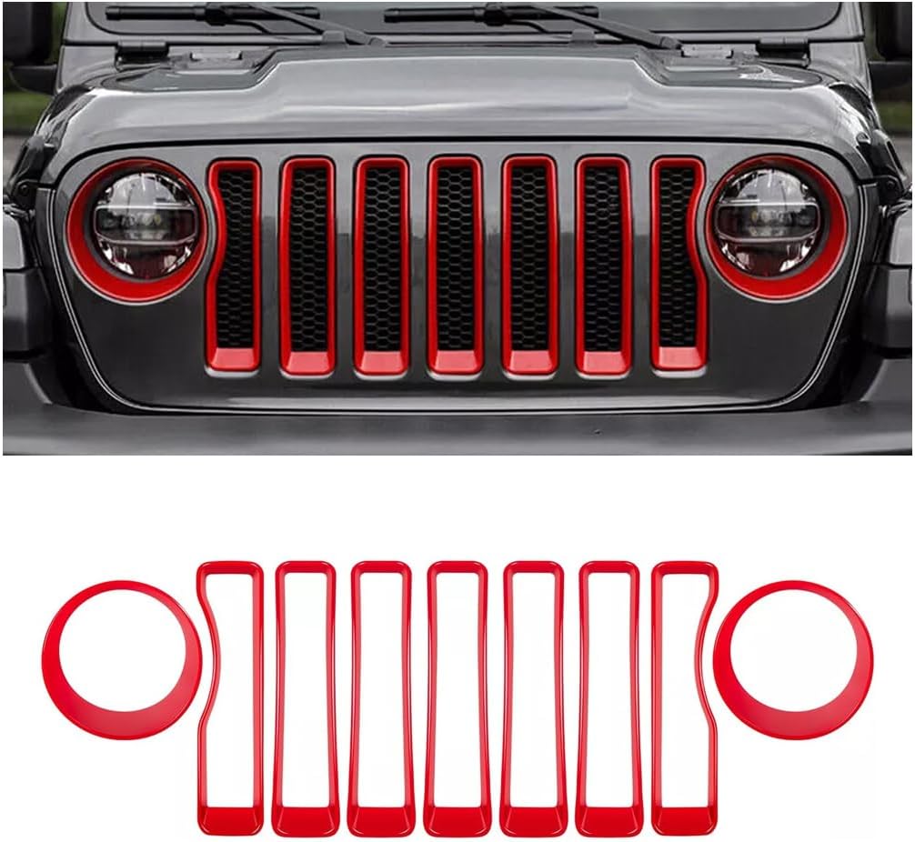 MAXDOM Grille Inserts Headlight Covers Set Fits for Jeep (2018-2023) Wrangler JL JLU (Red, Sport/Sport S)