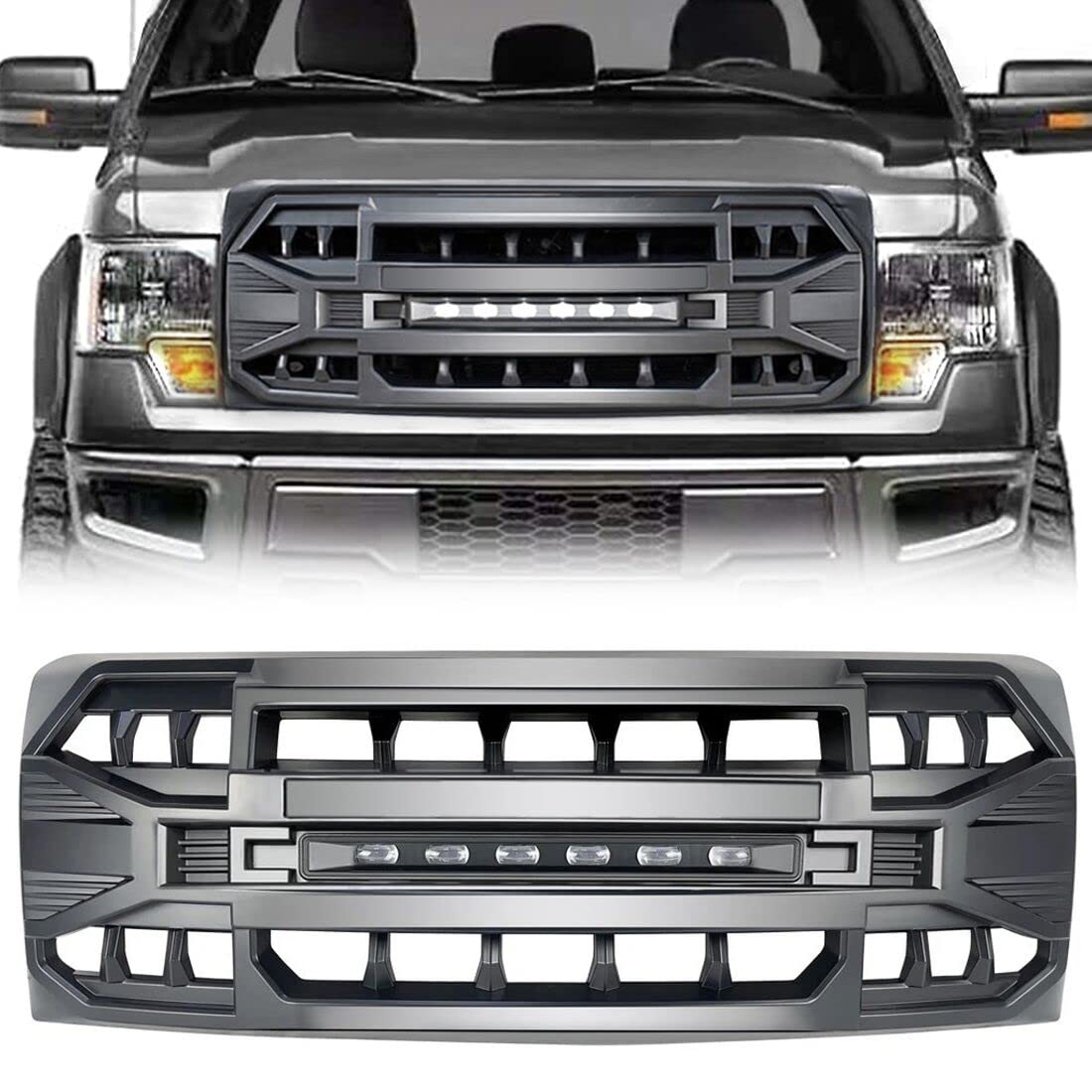 Front Grill Replacement for F150 2009-2014, Matte Black Front Bumper Grille w/Off-Road Lights - OMOTOR