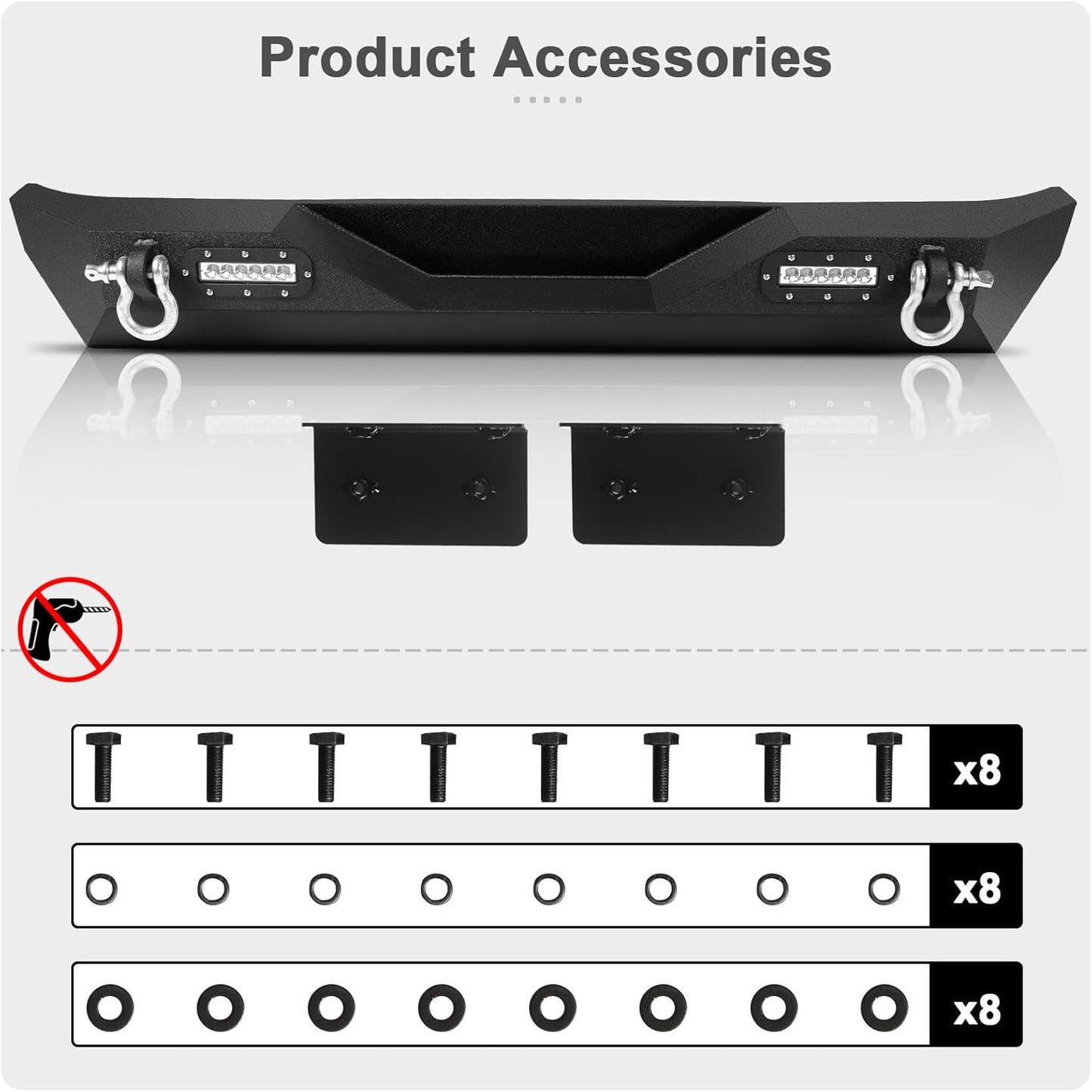 Rear Bumper compatible with Jeep Wrangler JK 2007-2018 JKU Unlimited,Steel Rear Bumper with D-rings and 2 LED Lights,Carbon Steel Black Powder-Coated