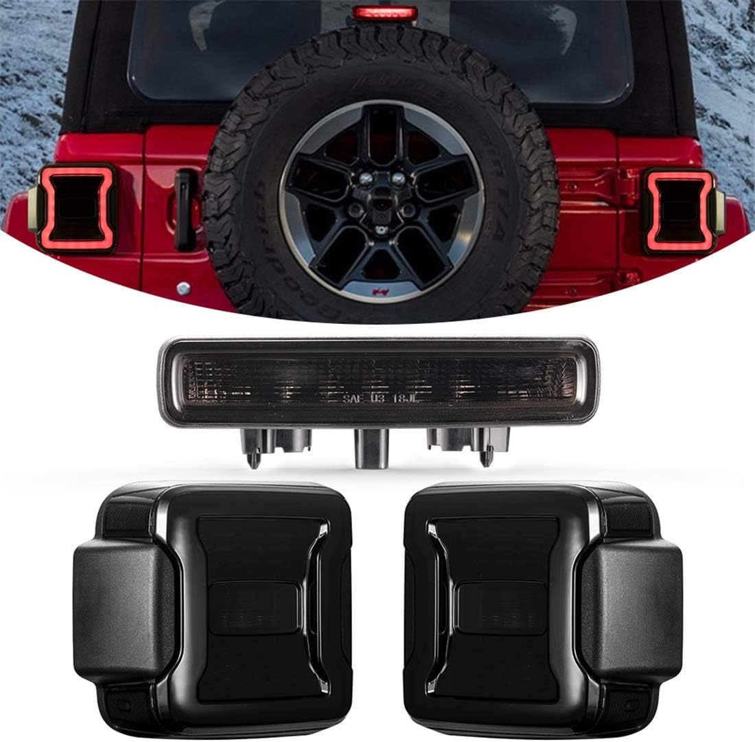 Smoked LED Tail Lights & 3rd Brake Light Set for 2018-2025 Jeep Wrangler JL/4xe, Black Housing, Tinted Lens, Brake, Reverse & Turn Signal Lights (Pair) - OMOTOR