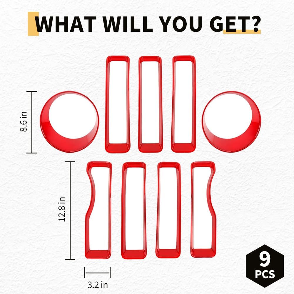 MAXDOM Grille Inserts Headlight Covers Set Fits for Jeep (2018-2023) Wrangler JL JLU (Red, Sport/Sport S)