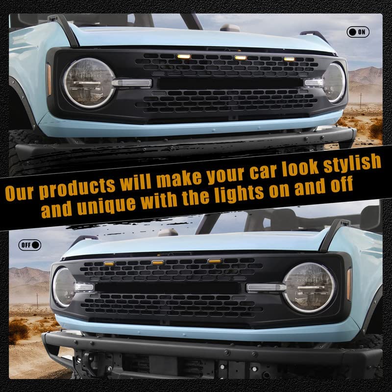 LED Grille Lights for Ford Bronco Accessories 2021 2022 2023 2/4-Door Amber OEM Grille Lamps Kit fit Badlands Wildtrak & Everglades - OMOTOR