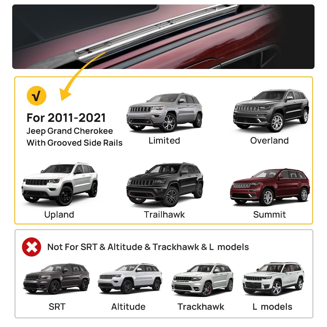 Roof Rack Cross Bars Compatible with Jeep Grand Cherokee Altitude & SRT & Trackhawk with Roof Black Moldings 2011-2022, Aluminum Crossbar Replacement with Lock for Roof Cargo Kayak Skiboard - OMOTOR