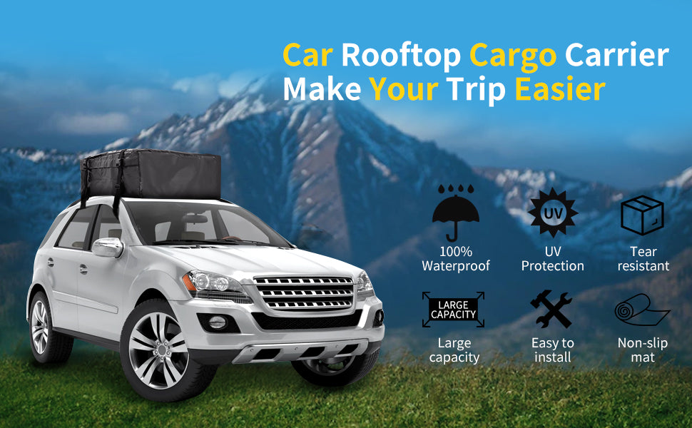 Rooftop Car Cargo Carrier Bag 15 Cubic Feet, Waterproof Car Rooftop Bag with Anti-Slip Mat and 6 Door Hooks, Suitable for All Vehicle with/Without Rack - OMOTOR