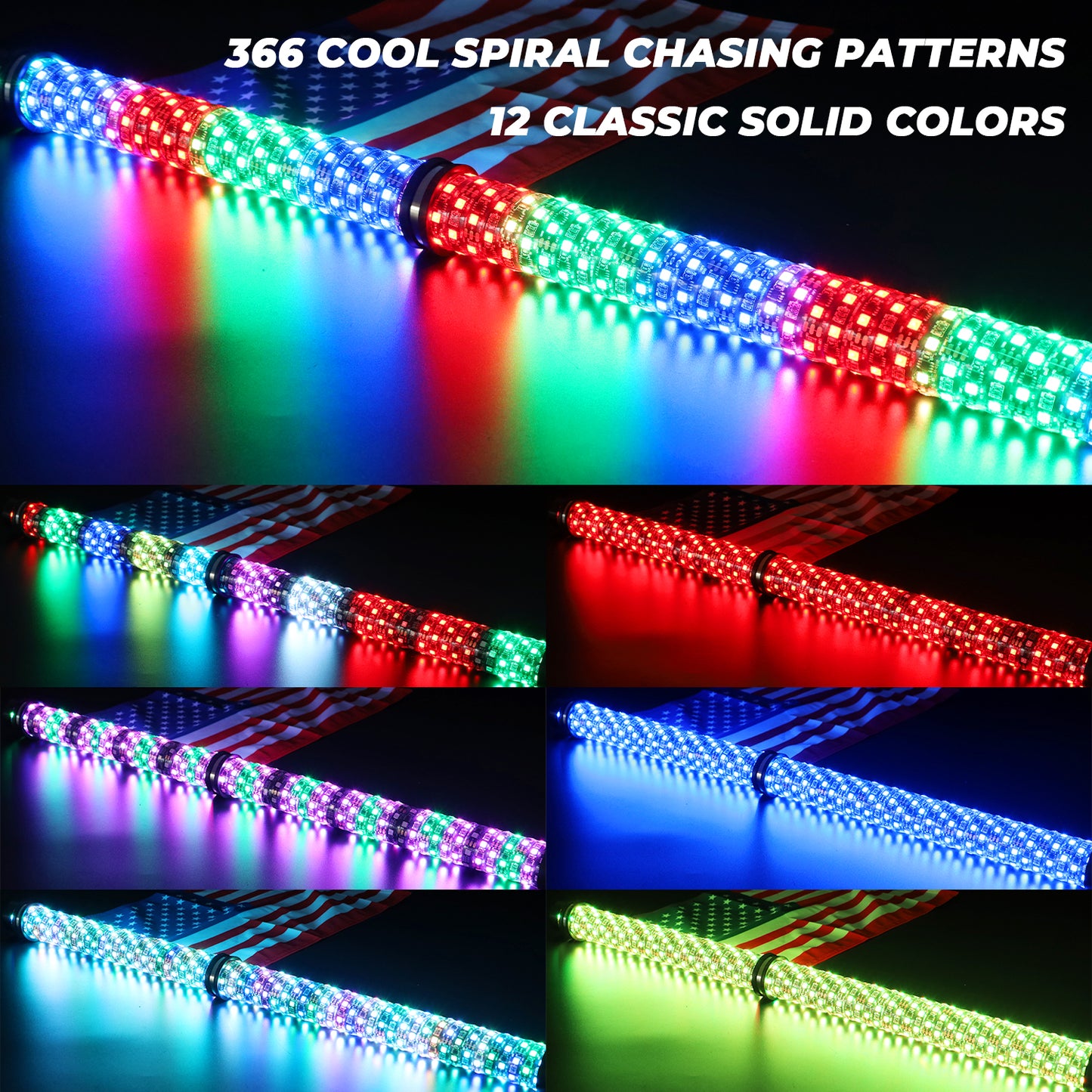 2FT/3FT Pair of RGB Chasing Fat Whips Lights with Bluetooth and Remote