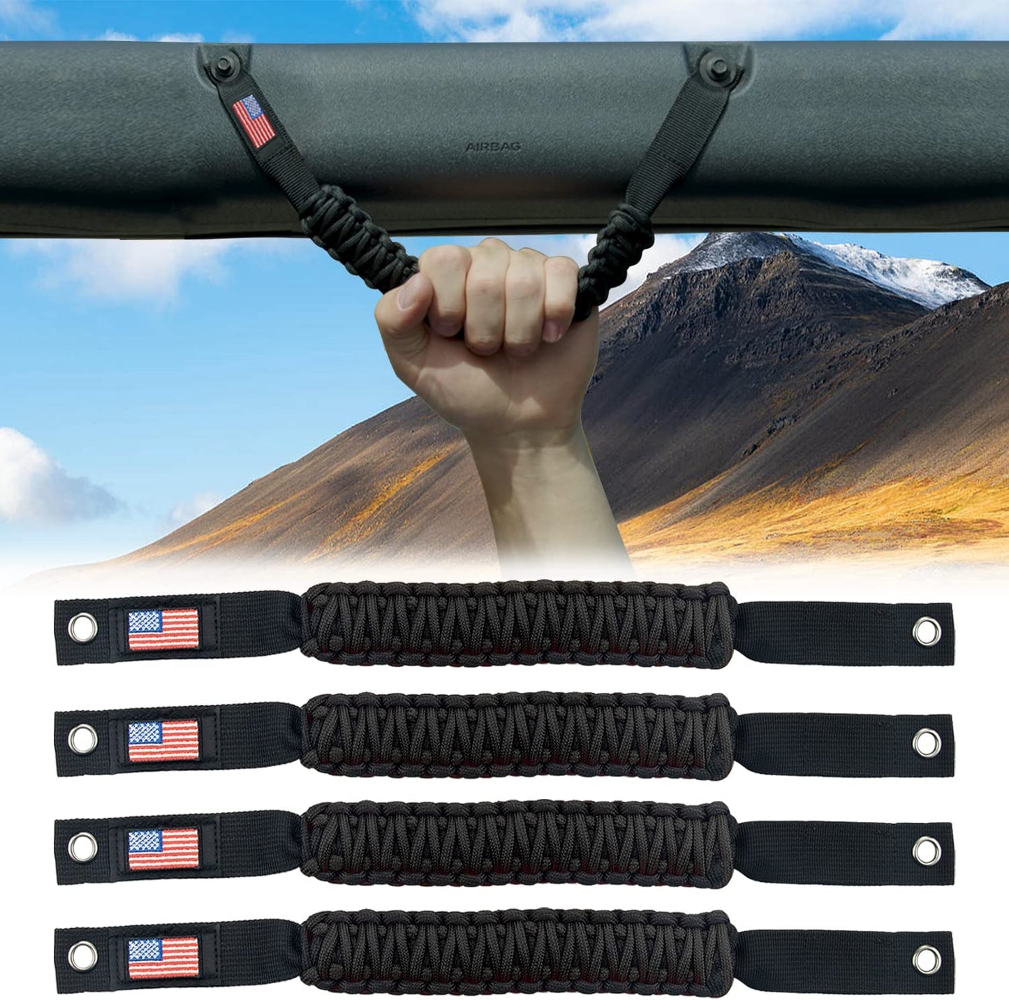 Roll Bar Paracord Grab Handles Compatible with Ford Bronco 2021 2022 2/4 Door, Bronco Grab Handles Interior Accessories (Black 4Pcs) - OMOTOR