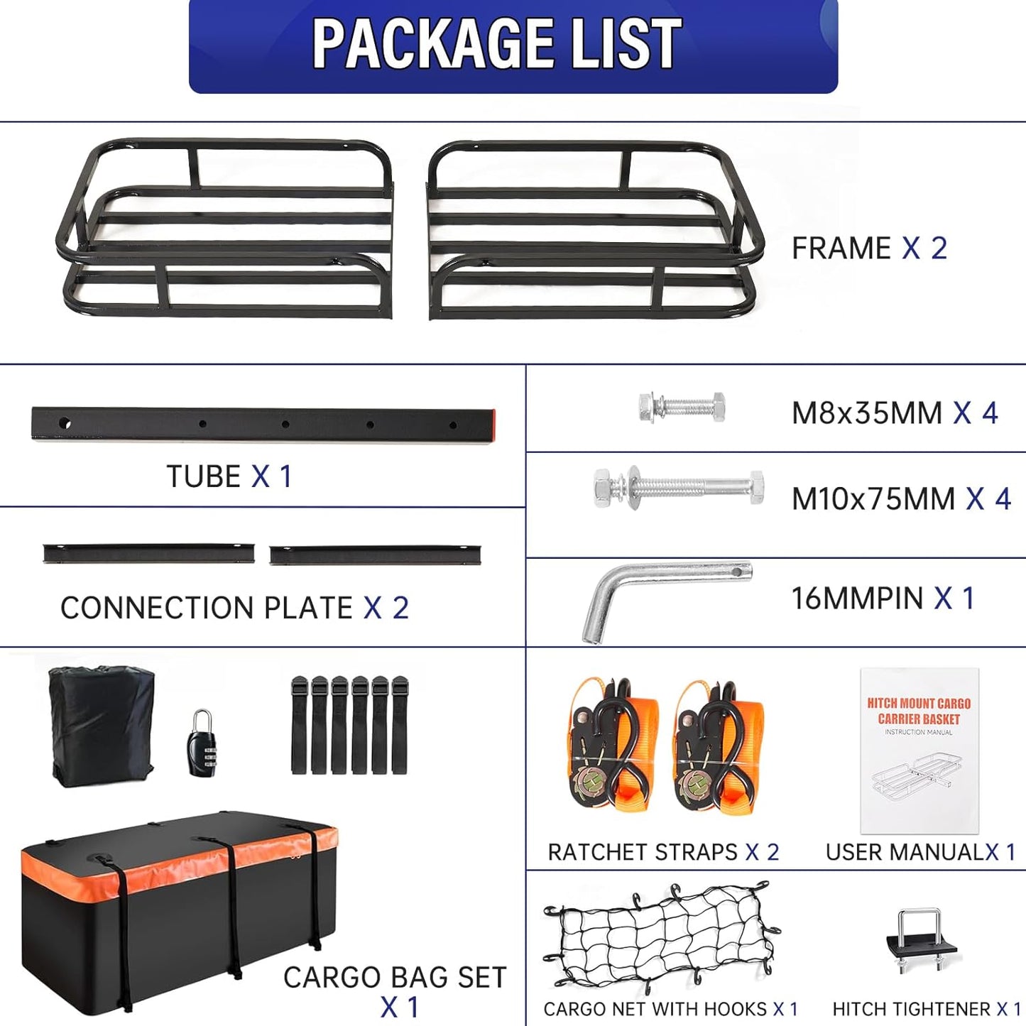 Hitch Mount Cargo Carrier Basket +Waterproof Cargo Bag 15 Cubic Feet,Hauling Weight Capacity of 500 Lbs fit on 2 Inch Receiver with Hitch Stabilizer,Net and Straps - OMOTOR