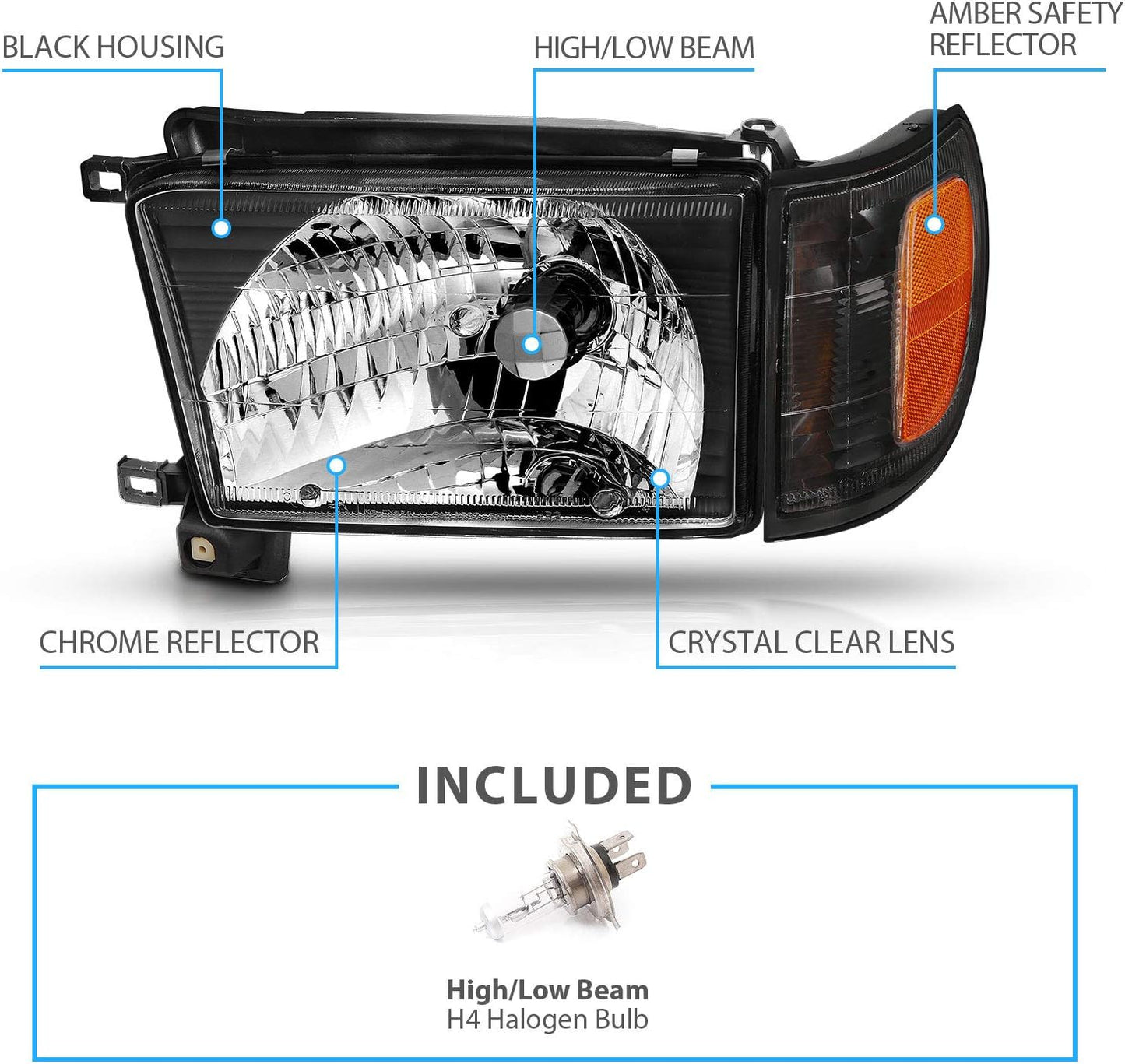 AmeriLite Replacement Halogen Headlights With Corner Lamp + Bracket For 1996-1998 Toyota 4Runner SUV N180 - Passenger and Driver Side, Vehicle Light Assembly, Black