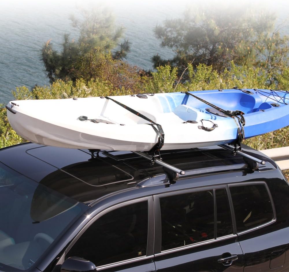 135LB Kayak Saddle, Aluminum Rustless Kayak Roof Rack with 1.5" Width Tie Down Straps for Carrier Canoe Boat Paddle Board Surfboard, to Mount on Car SUV Truck Crossbar