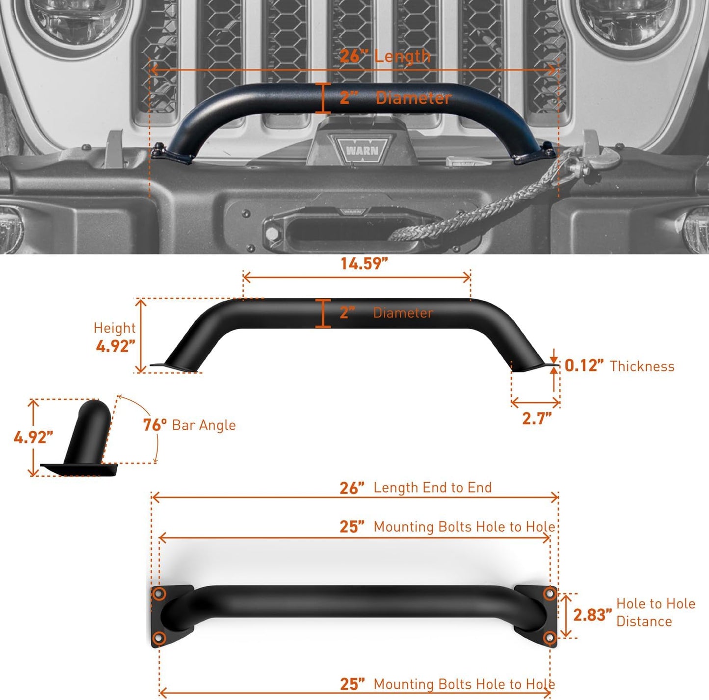 RockTrix Black Front Brush Guard, 3.12 inch Height to Clear Winch, Compatible with 2018+ Jeep Wrangler JL, 2019+ Gladiator JT - Steel Bar Grille Guard for Steel Rubicon Bumper