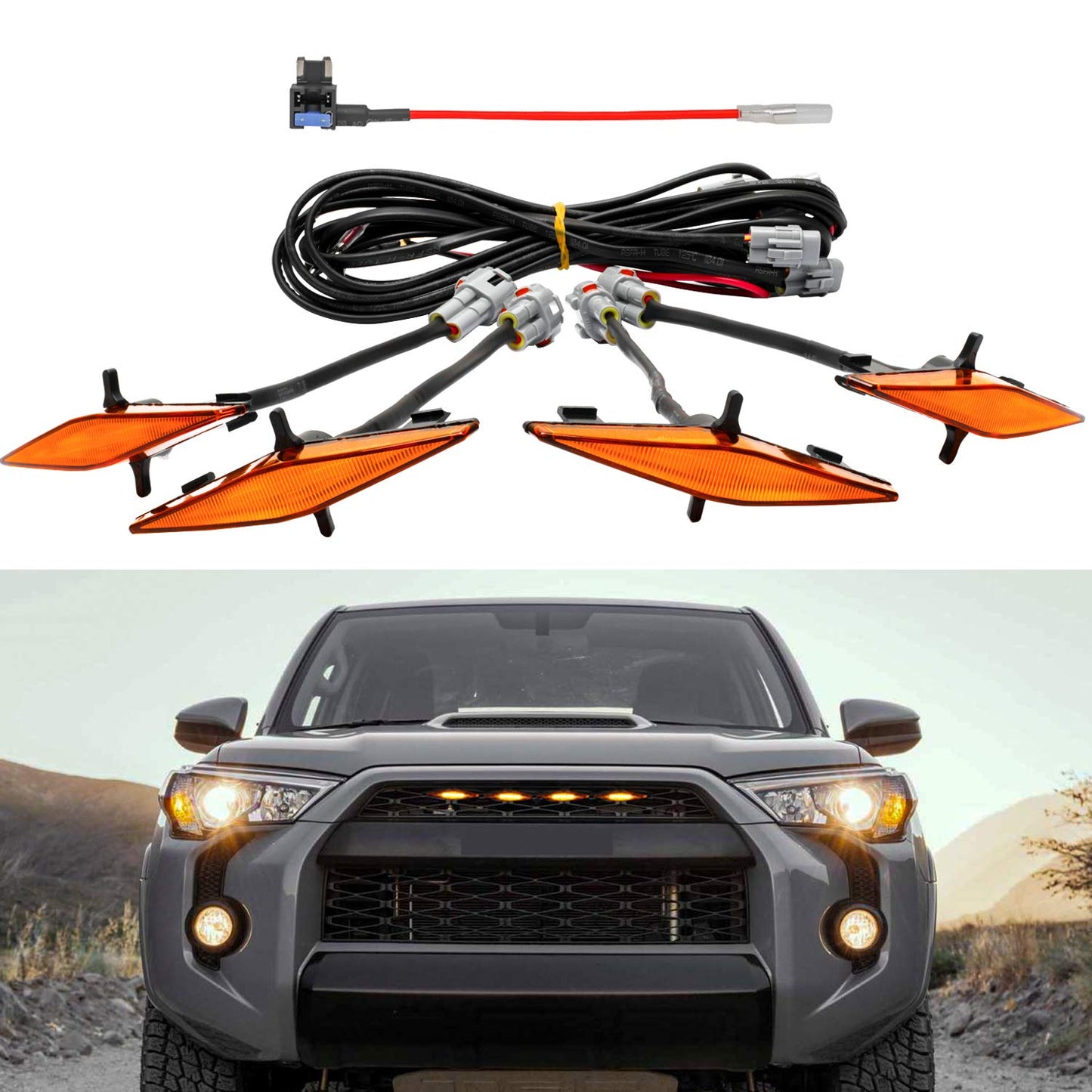 SEVEN SPARTA 4 PCS Grill Led Lights Compatible with Toyota 4Runner 2014-2024 TRD Pro Grille and 2014-2019 SR5, Premium, Limited, TRD Off-Road, Fuse and Instruction Included (Smoke Shell/Amber Light)