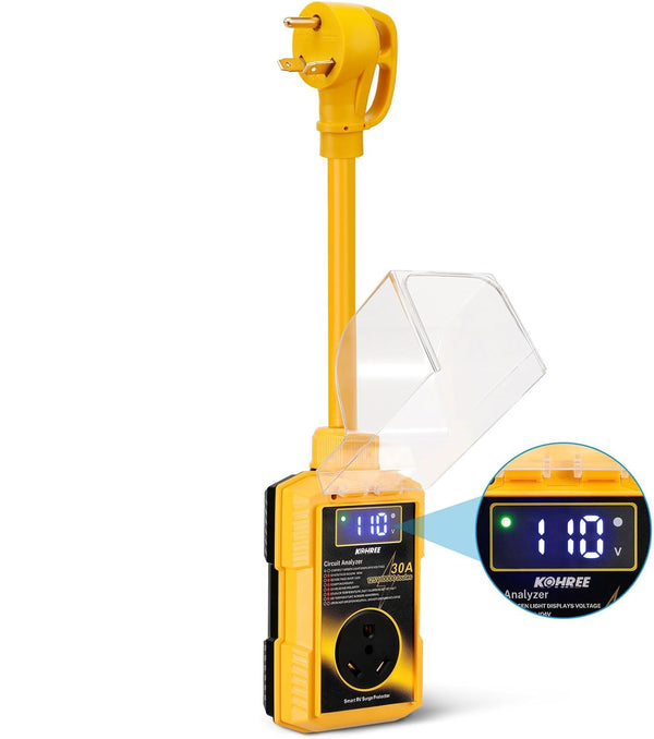 Kohree RV Surge Protector 30/50 Amp with High/Low Voltage Protection, 10000/12000 Joules 30 Amp RV Surge Protector Waterproof, Circuit Analyzer with Smart LED Display for RV Camper, Yellow - OMOTOR