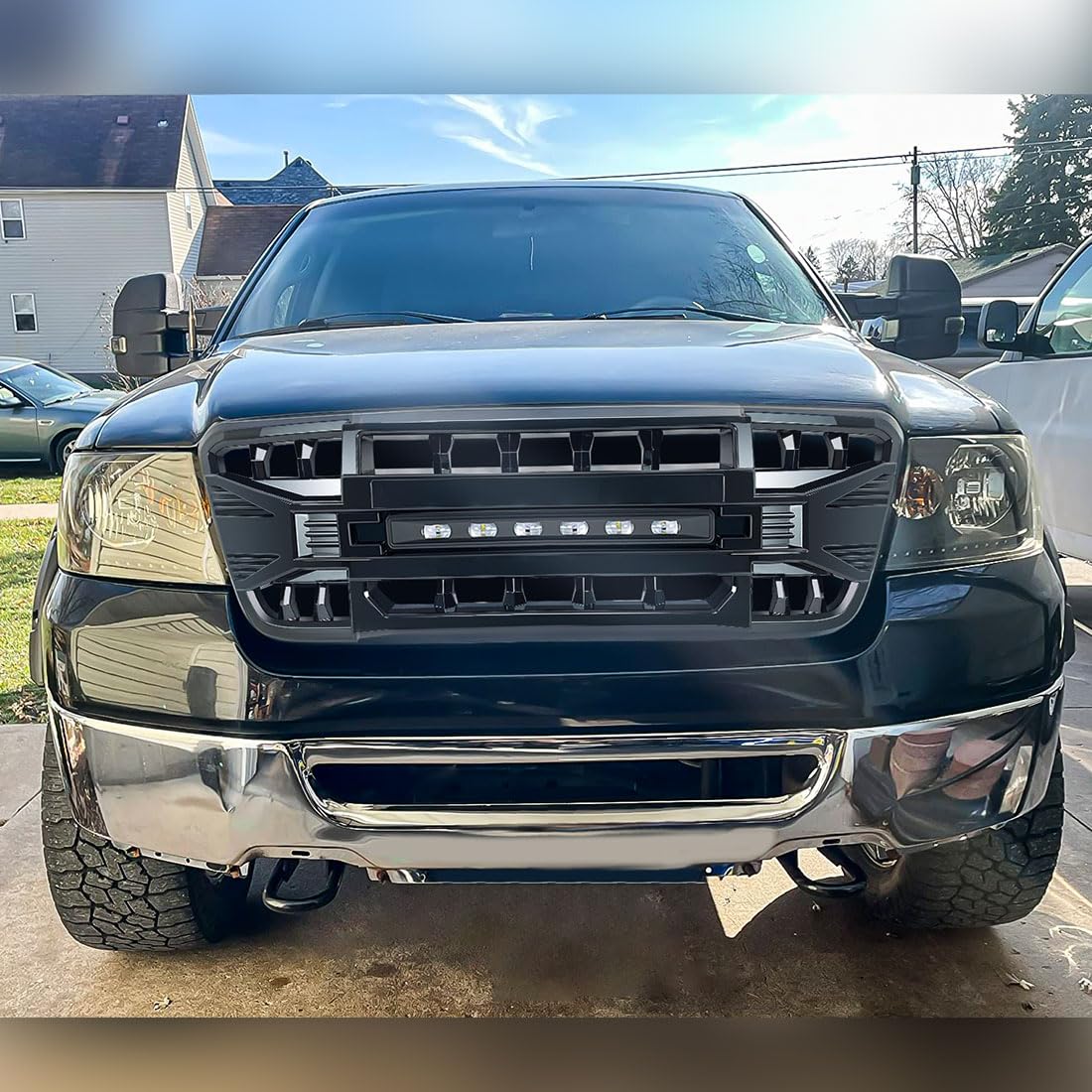 Front Grill Replacement for F150 2004-2008, Matte Black Front Bumper Grille w/Off-Road Lights - OMOTOR