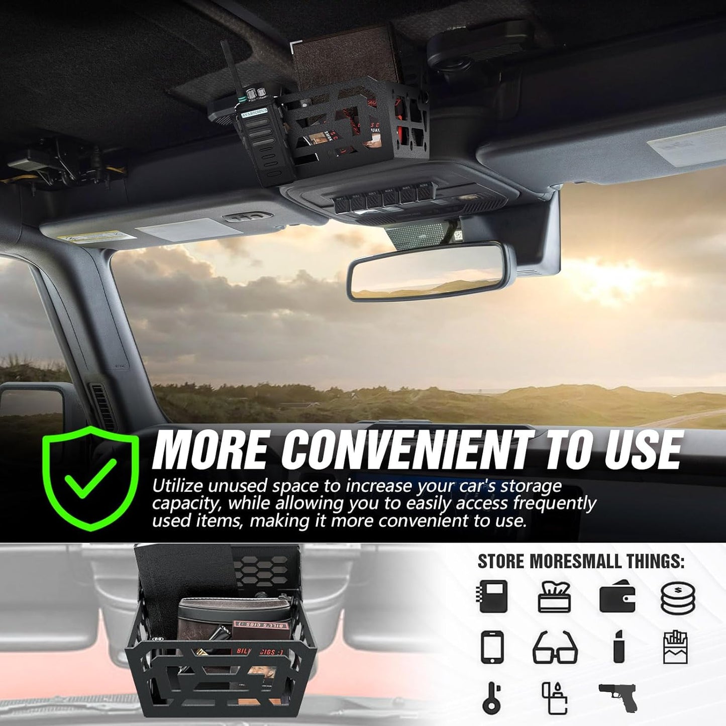 Overhead Storage Compatible with Ford Bronco 2021 2022 2023 2024 2025 2026, Console Organizer Hard Top Basket Interior Steel Storage Panel Tray (Exclude Soft Top)