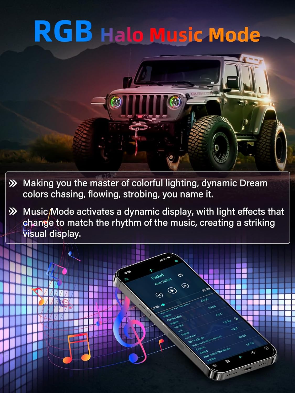 7" Inch RGB LED Headlights Bluetooth & IR Controlled with Dancing Halo Ring Compatible with 1997-2018 Jeep Wrangler TJ JK - OMOTOR