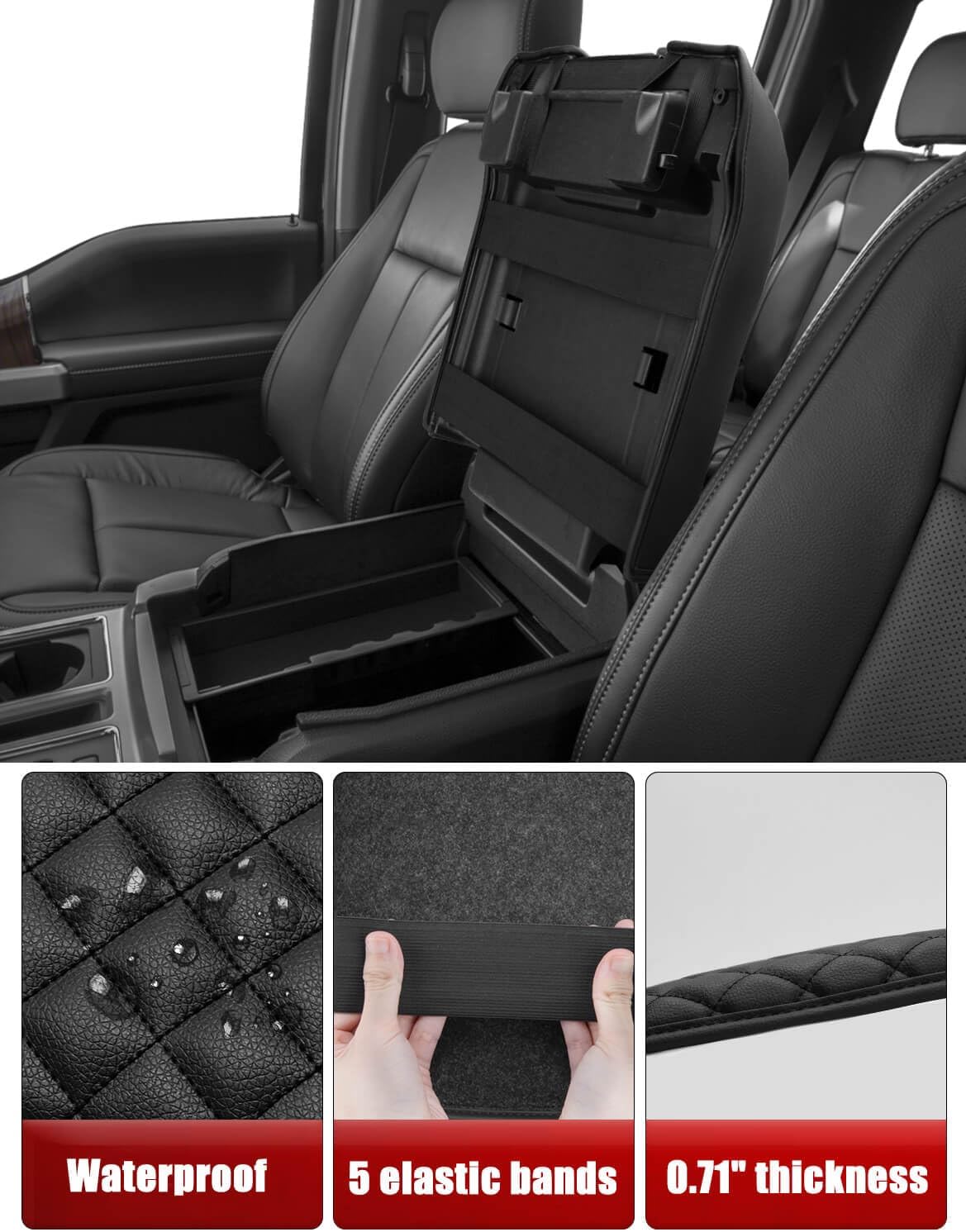 KBH Center Console Armrest Cover for 2015-2020 Ford F150, 2017-2022 F250 F350 F450 F550, 2018-2024 Expedition, Bucket Seat, PU Leather Cushion Thick Pad, Anti-Scratch, Black (Not for Other Years)