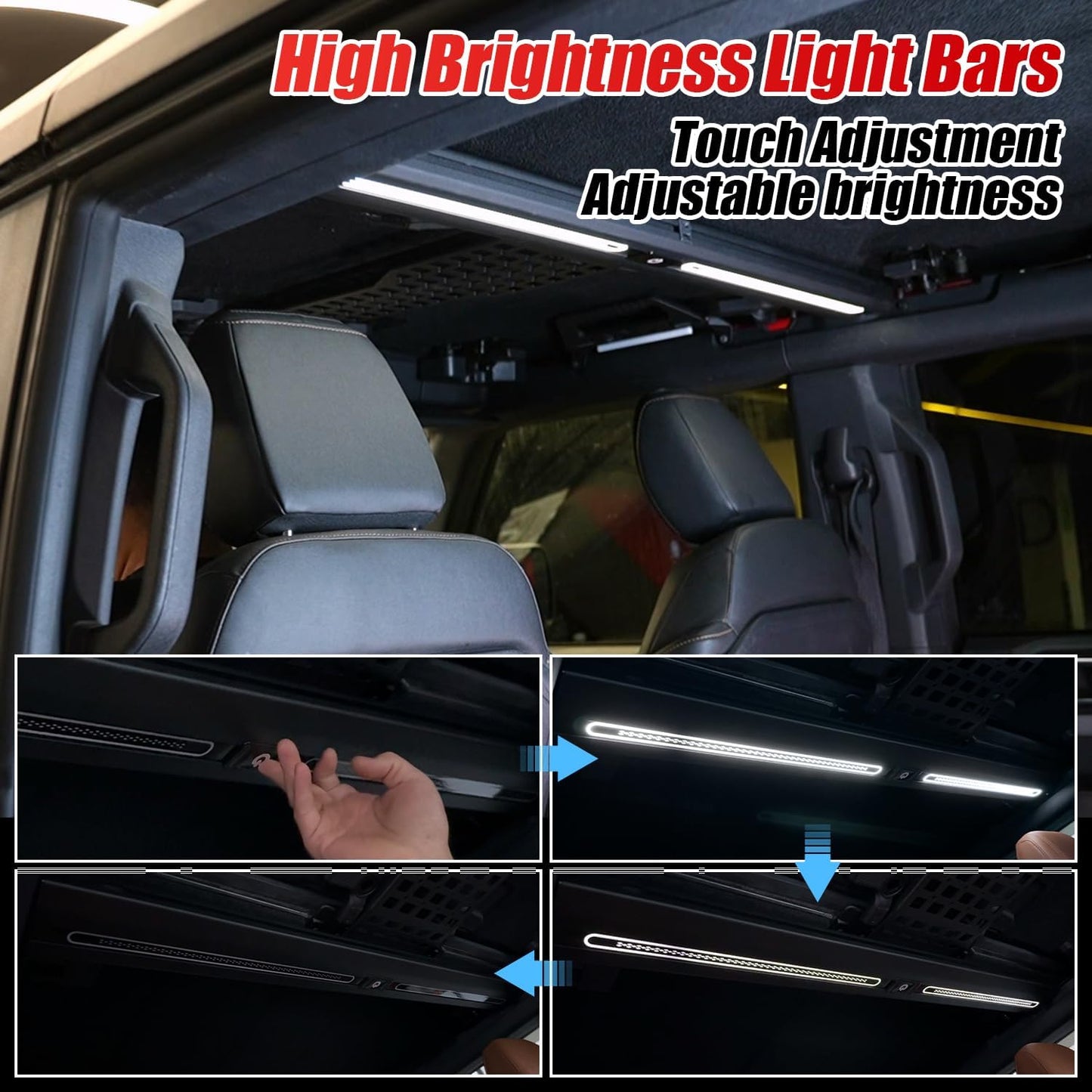 Overhead Molle Panel with Integrated LED Ceiling Light for 2021-2025 Ford Bronco 4 Door Roof Reinforcement Cross Bar Interior Accessories