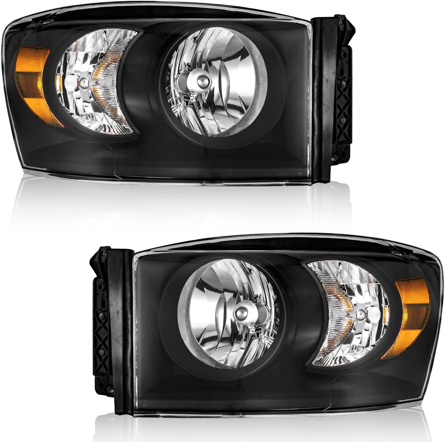 Headlight Assembly for 2006 2007 2008 Dodge Ram 1500/2500/3500; 2009 Ram 2500/3500 Old Body Style Only Headlamp Replacement Black/Chrome Housing - OMOTOR