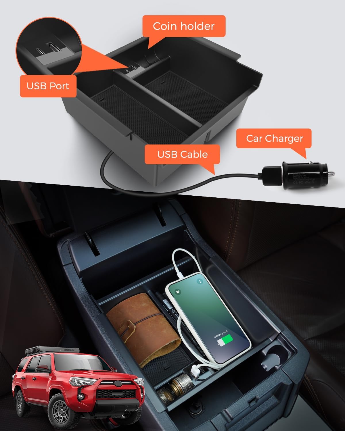 Center Console Organizer Tray with USB Port for Toyota 4Runner 2010-2023 - OMOTOR
