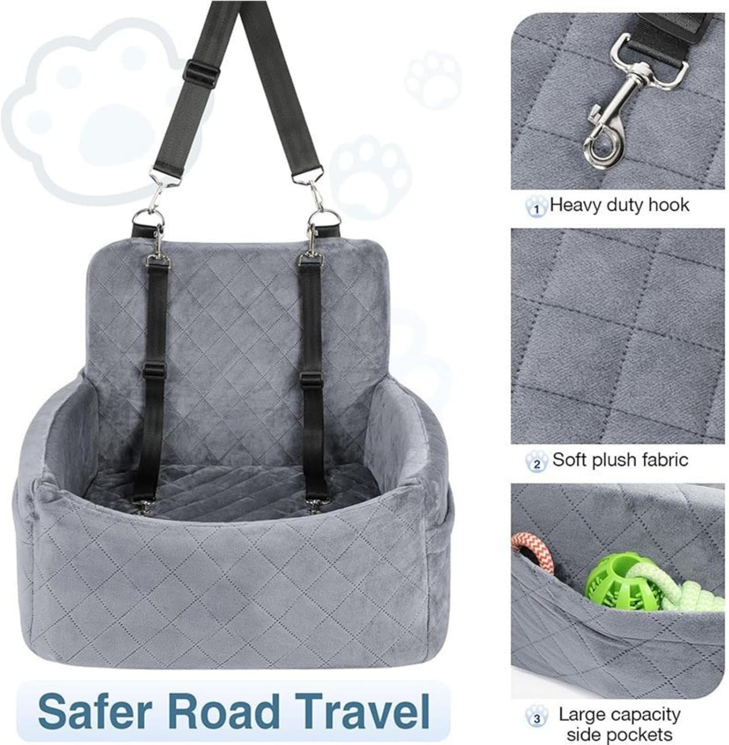 Dog Booster Seat for Small & Medium Dogs Under 30lbs | Detachable Washable Car Seat with Safety Belt & Storage Pockets | Travel Bed for Cars (Black,45 * 45 * 20cm)