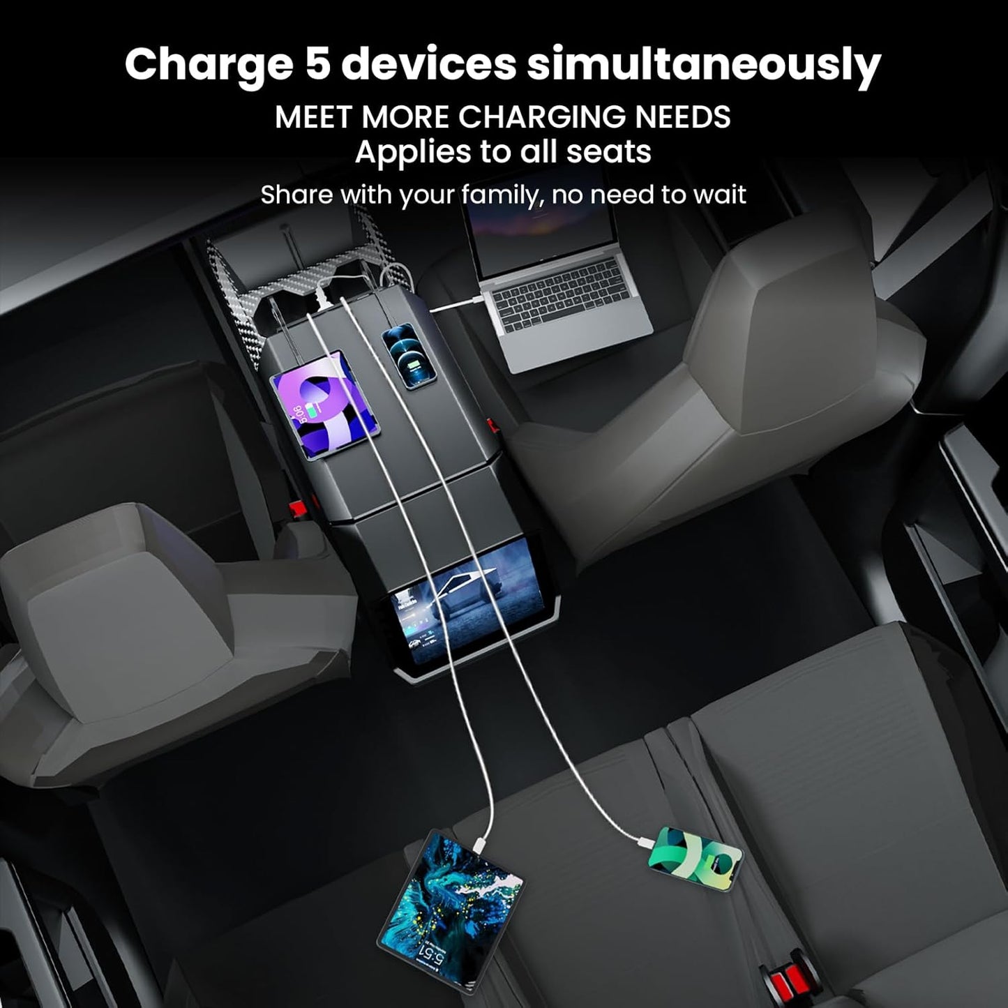 Tesla Cybertruck USB Charger Hub with 110V AC Outlet & Retractable Cables - Seamless Integration, 30W PD/QC3.0 Fast Charge, Center Console Docking Station for Cybertruck Accessories