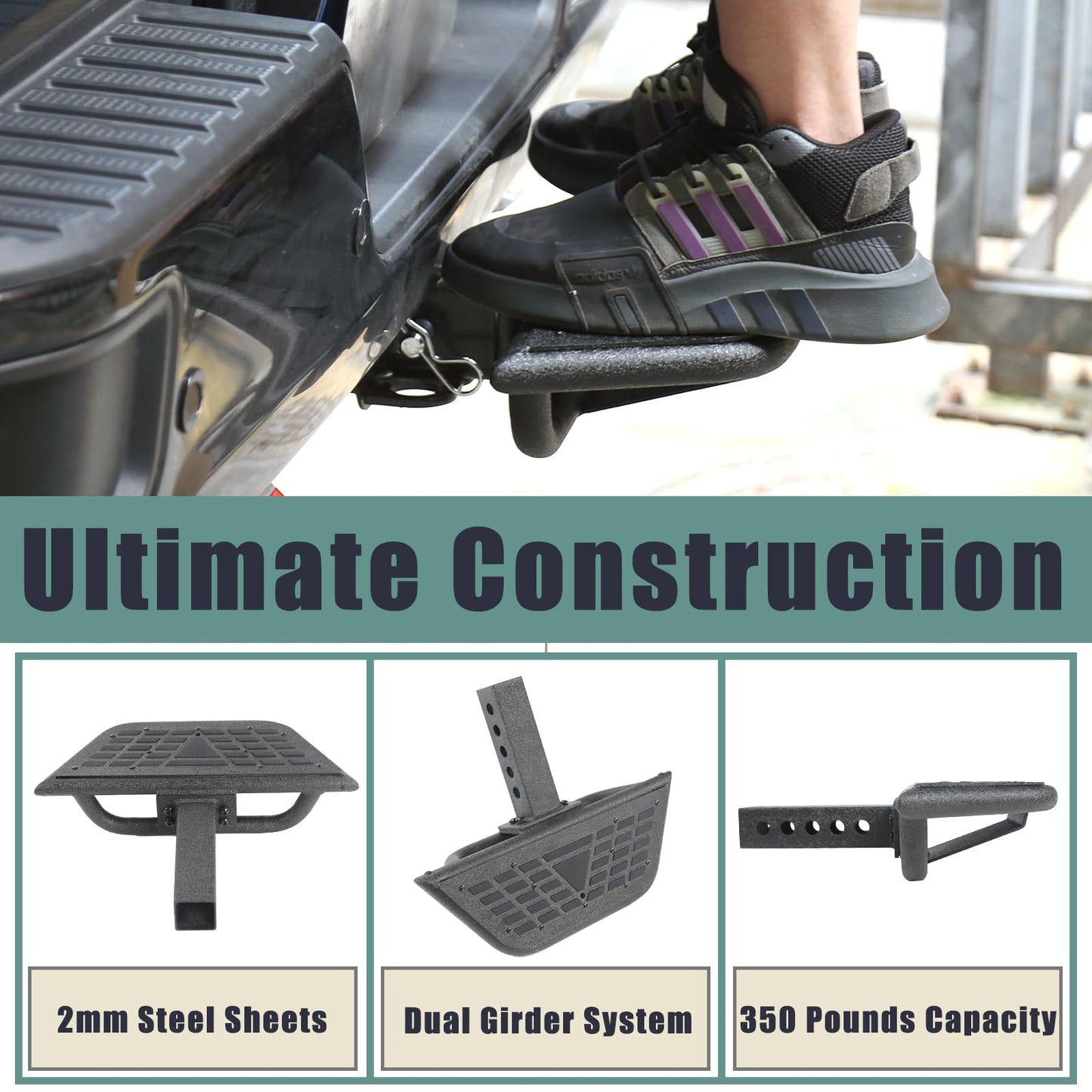 Universal Hitch Steps for Pickup Truck - Solid Trailer Hitch Step 2 Inch Receiver Hitch Accessories 17.3'' Rear Bumper Guard Protector for Car Vehicles SUV ATV Upgraded Textured Black with Pin Lock - OMOTOR