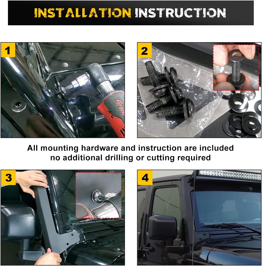 50 - 52 inch A-Pillar LED Light Bar Windshield Mount Brackets for Jeep 2018-2025 Wrangler JL JLU Umlimited, 2019-2025 Gladiator JT, Hawkley Light Bar Mounting Bracket with 2X 4 inch LED Spot Light