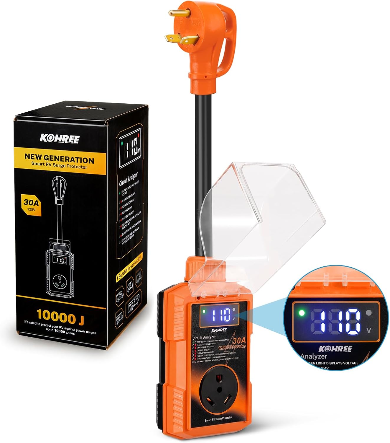 Kohree RV Surge Protector 30/50 Amp with High/Low Voltage Protection, 10000/12000 Joules 30 Amp RV Surge Protector Waterproof, Circuit Analyzer with Smart LED Display for RV Camper, Yellow - OMOTOR