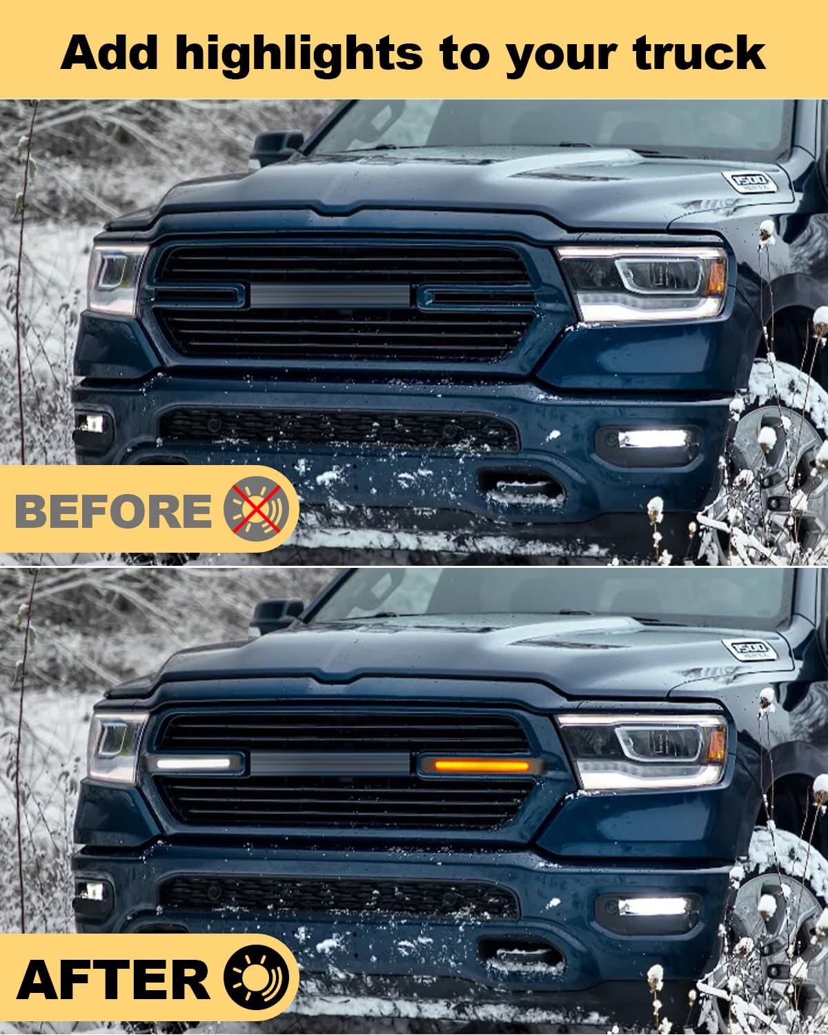 LED Grille Light Bars for 2019-2024 Dodge Ram 1500 Laramie OEM Grill Lights with Sequential DRL and Turn Signals (Style Without Stars)