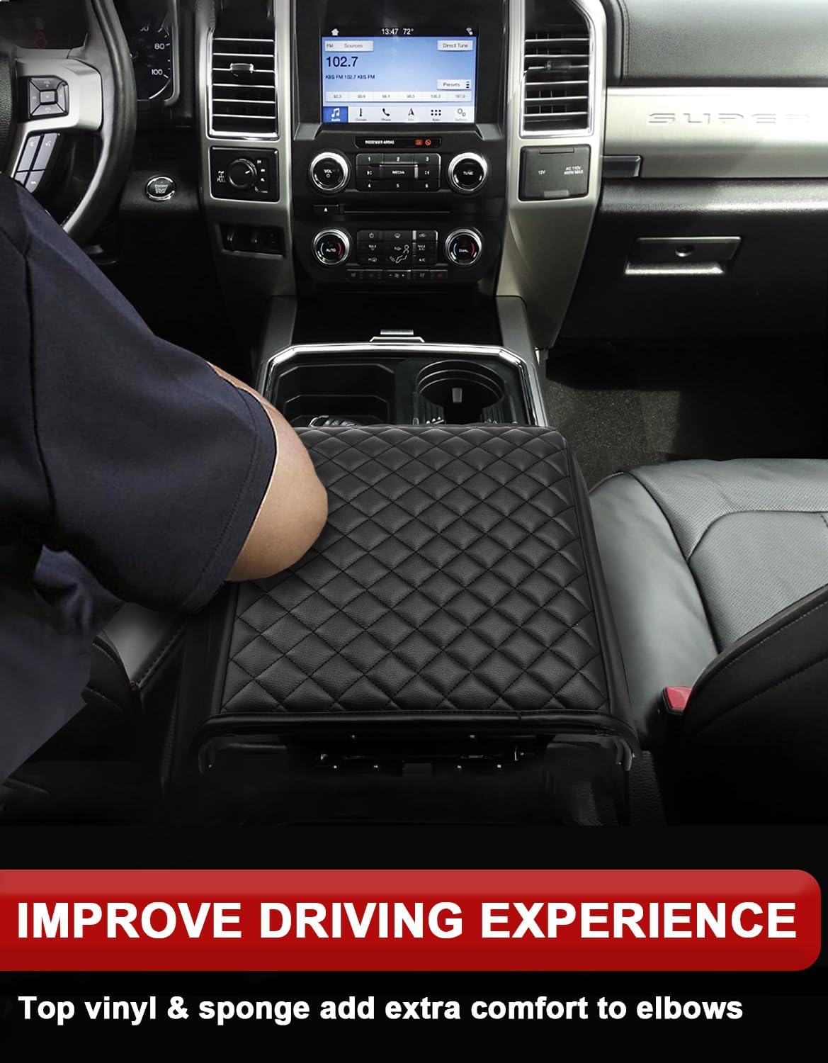 KBH Center Console Armrest Cover for 2015-2020 Ford F150, 2017-2022 F250 F350 F450 F550, 2018-2024 Expedition, Bucket Seat, PU Leather Cushion Thick Pad, Anti-Scratch, Black (Not for Other Years)