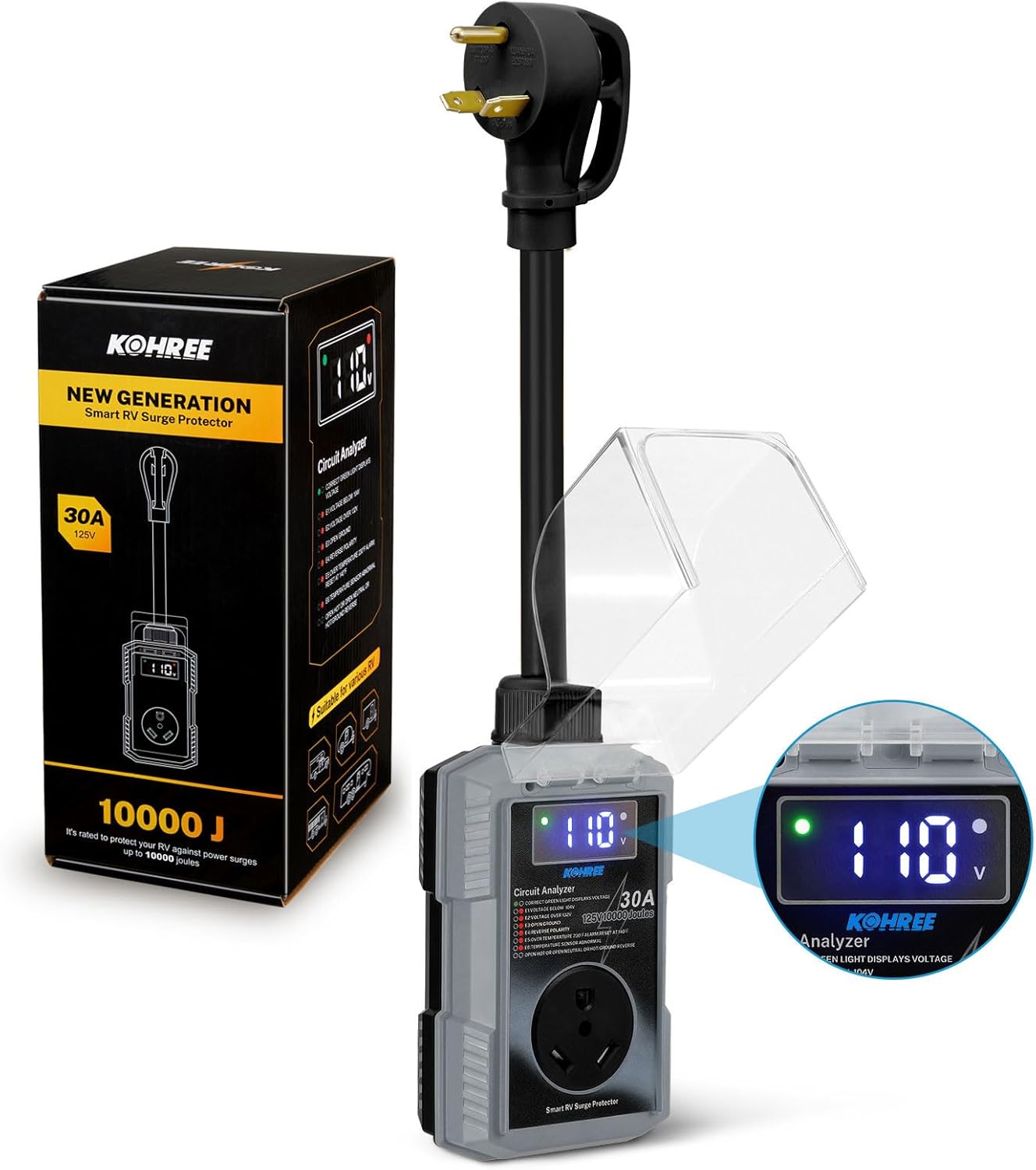Kohree RV Surge Protector 30/50 Amp with High/Low Voltage Protection, 10000/12000 Joules 30 Amp RV Surge Protector Waterproof, Circuit Analyzer with Smart LED Display for RV Camper, Yellow - OMOTOR