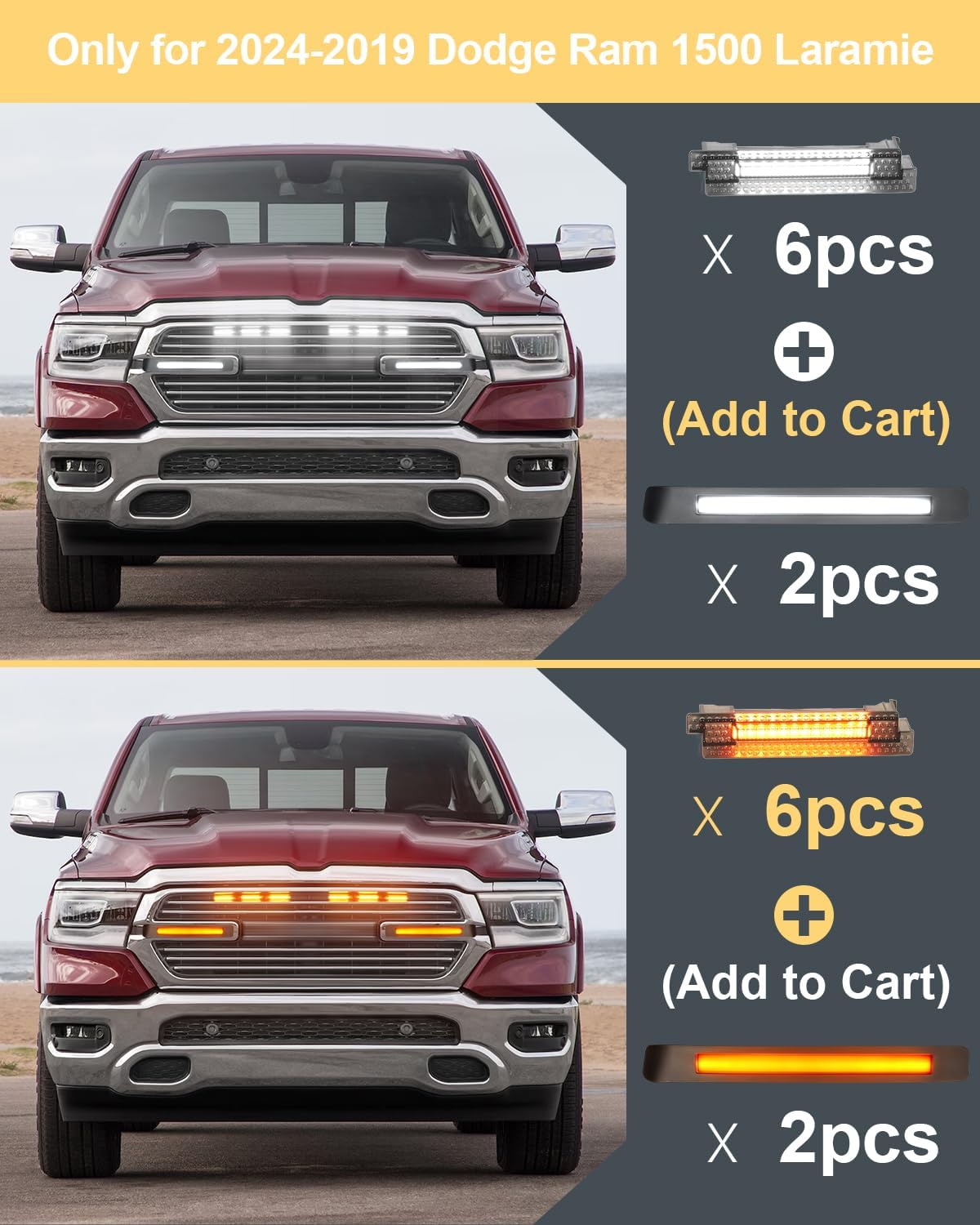 LED Grille Light Bars for 2019-2024 Dodge Ram 1500 Laramie OEM Grill Lights with Sequential DRL and Turn Signals (Style Without Stars)