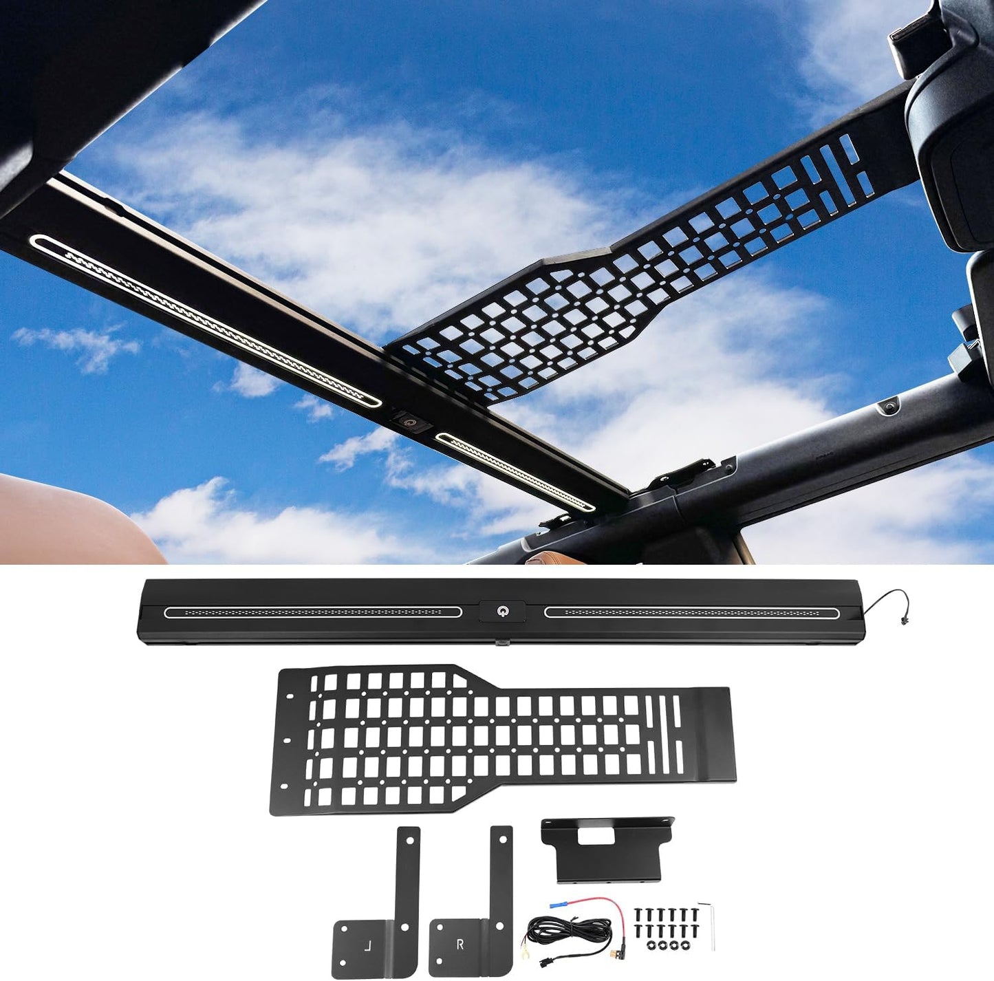 Overhead Molle Panel with Integrated LED Ceiling Light for 2021-2025 Ford Bronco 4 Door Roof Reinforcement Cross Bar Interior Accessories
